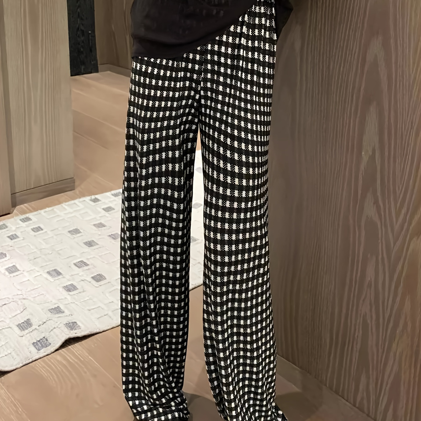 Plaid Print Straight Leg Pants Casual Elastic Waist Loose - Temu Canada