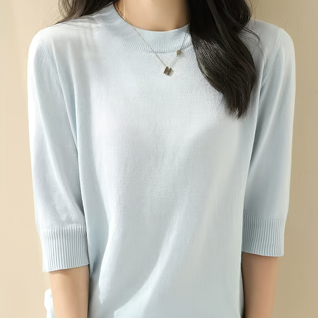 

Elegant Light Blue Mock Neck Sweater For Women - Chic Mid-sleeve, Loose Top With Ribbed Detail,