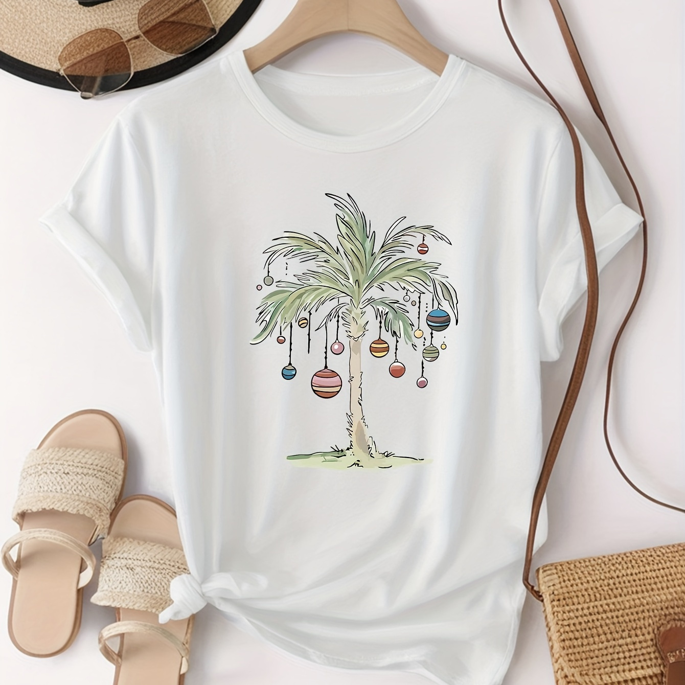 

Plus Size Casual Palm Tree Graphic T-shirt - Polyester , Crew Neck, Knit Fabric With Medium Stretch, Short Sleeve, Regular Fit, Applique Detail, Pullover Top For All