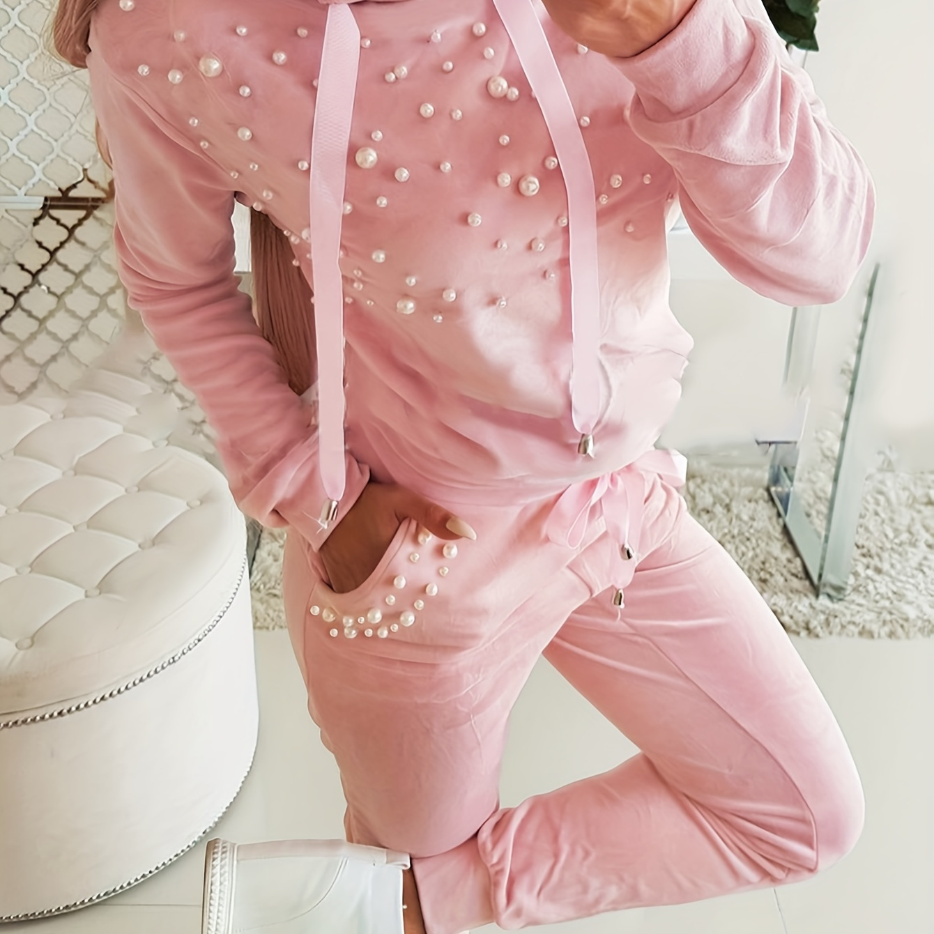 

Women's Casual Polyester Knit Hooded Sweatshirt And Pants Set, Solid Color, With Beaded Detail, For Spring/fall