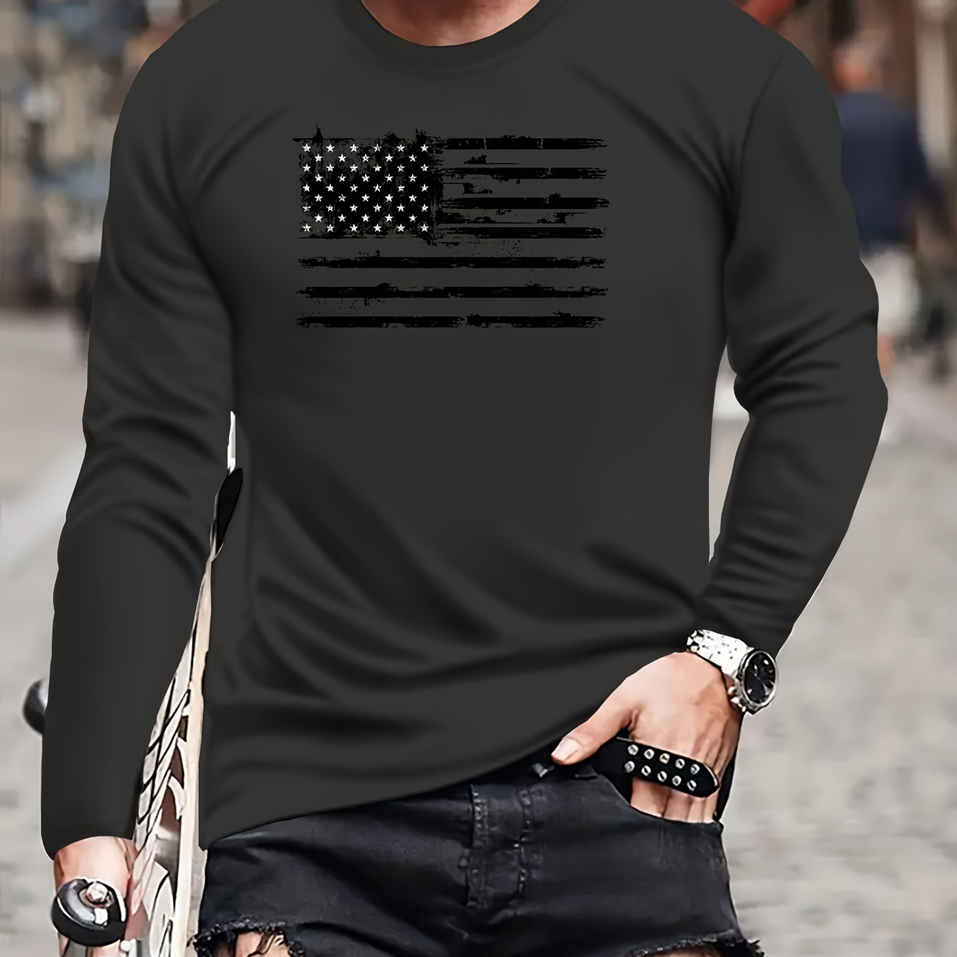 

Men's Patriotic Flag Print Long Sleeve T-shirt - Casual, Comfortable & Breathable Polyester , All