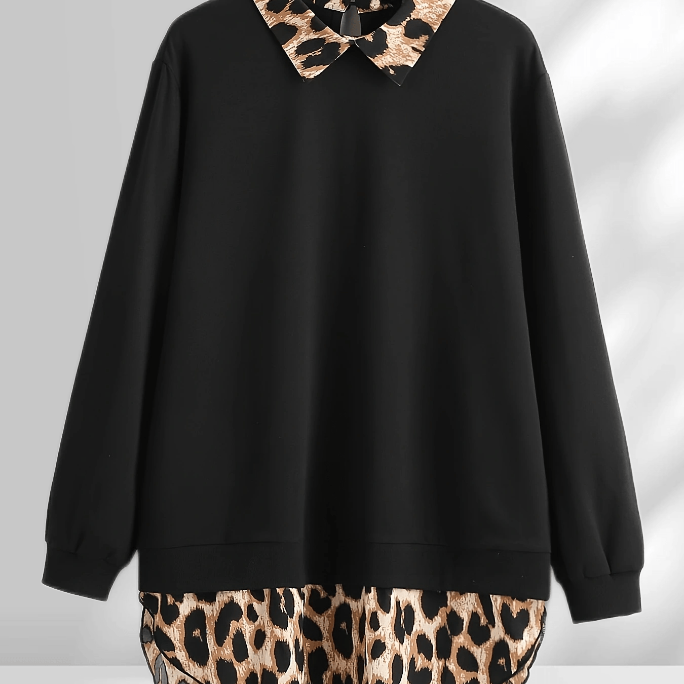 

Plus Size Leopard Stitching Sweatshirt, Casual Long Sleeve Lapel Pullover Sweatshirt, Women's Plus Size clothing