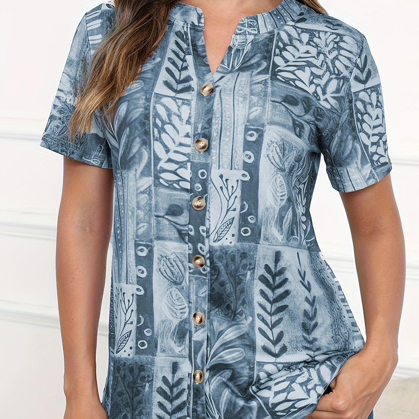 

Allover Print Button Front Blouse, Casual Short Sleeve Blouse For Spring & Summer, Women's Clothing