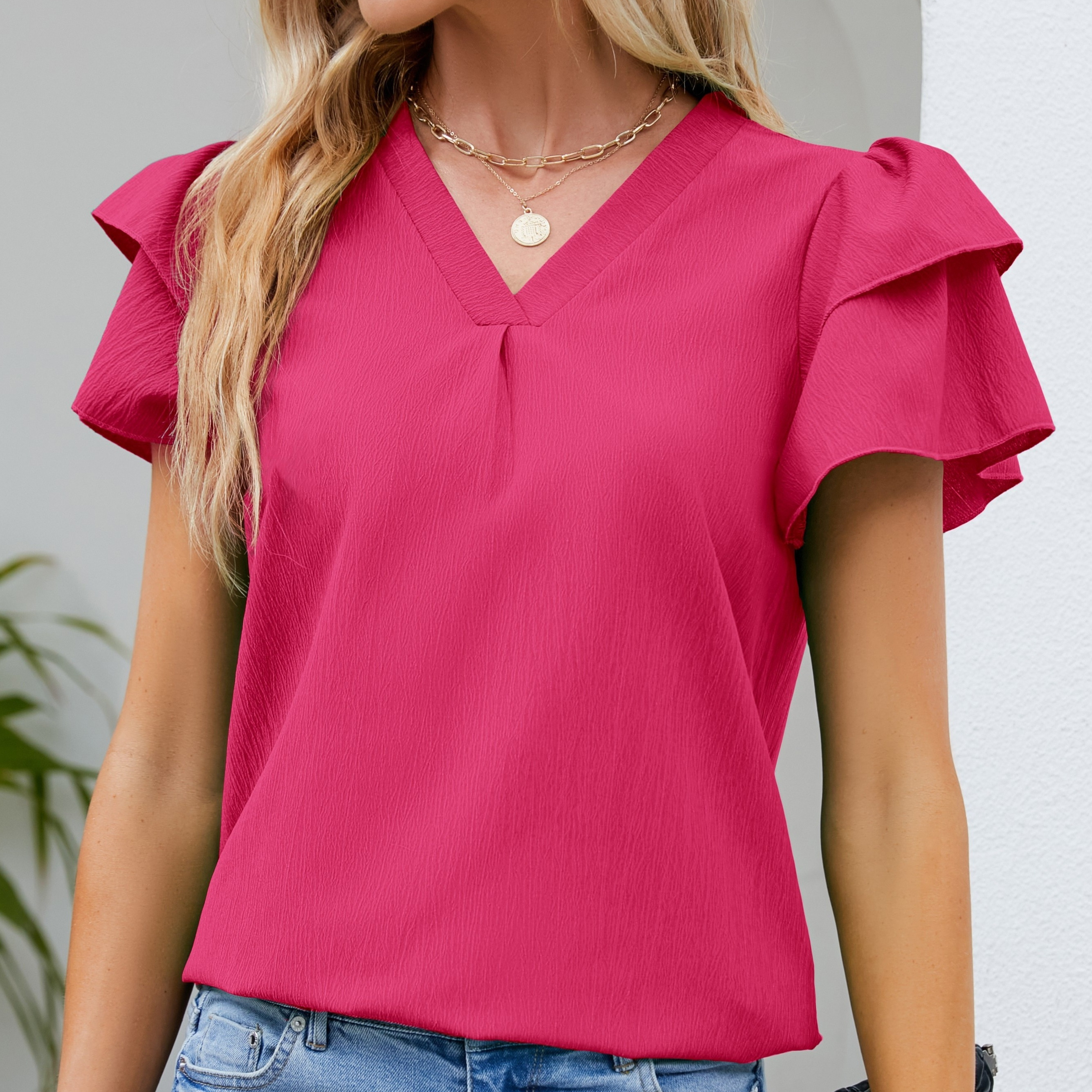 

Ruffle Trim Solid Blouse, Casual V Neck Layered Comfy Short Sleeve Blouse, Women's Clothing