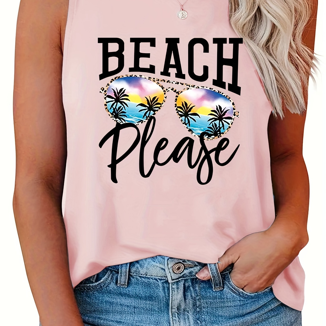 

Beach Please Print Tank Top, Sleeveless Crew Neck Casual Top For Summer & Spring, Women's Clothing