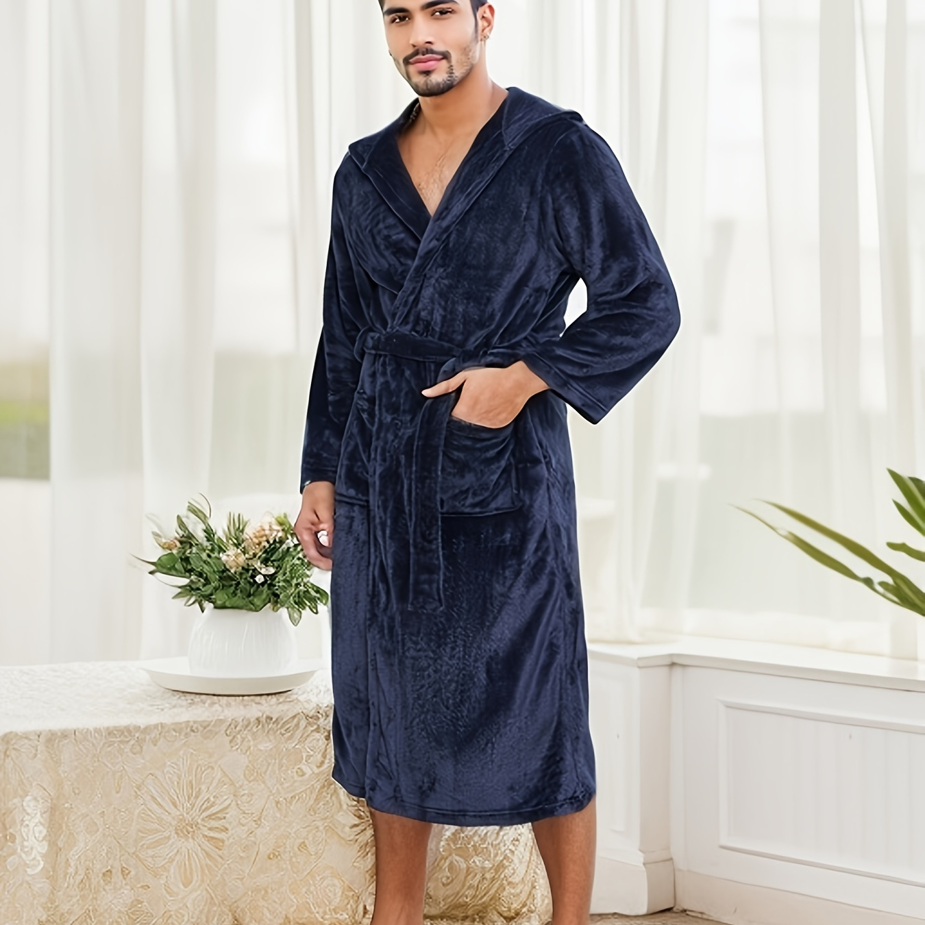 

Men's Elegant Solid Fleece Hooded Bathrobe, Plush Flannel Robe With Pockets, All-season Casual Lounge Robe