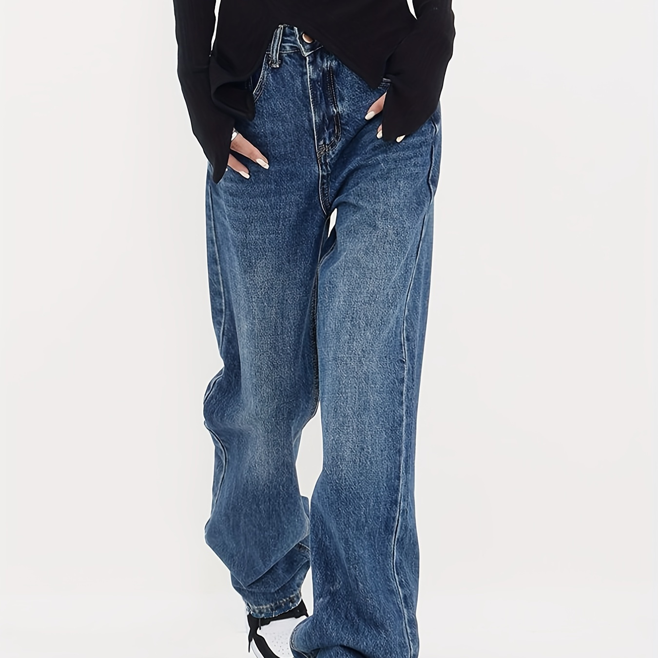 Blue Flipped Waist Design Straight Jeans Loose Fit Double - Temu