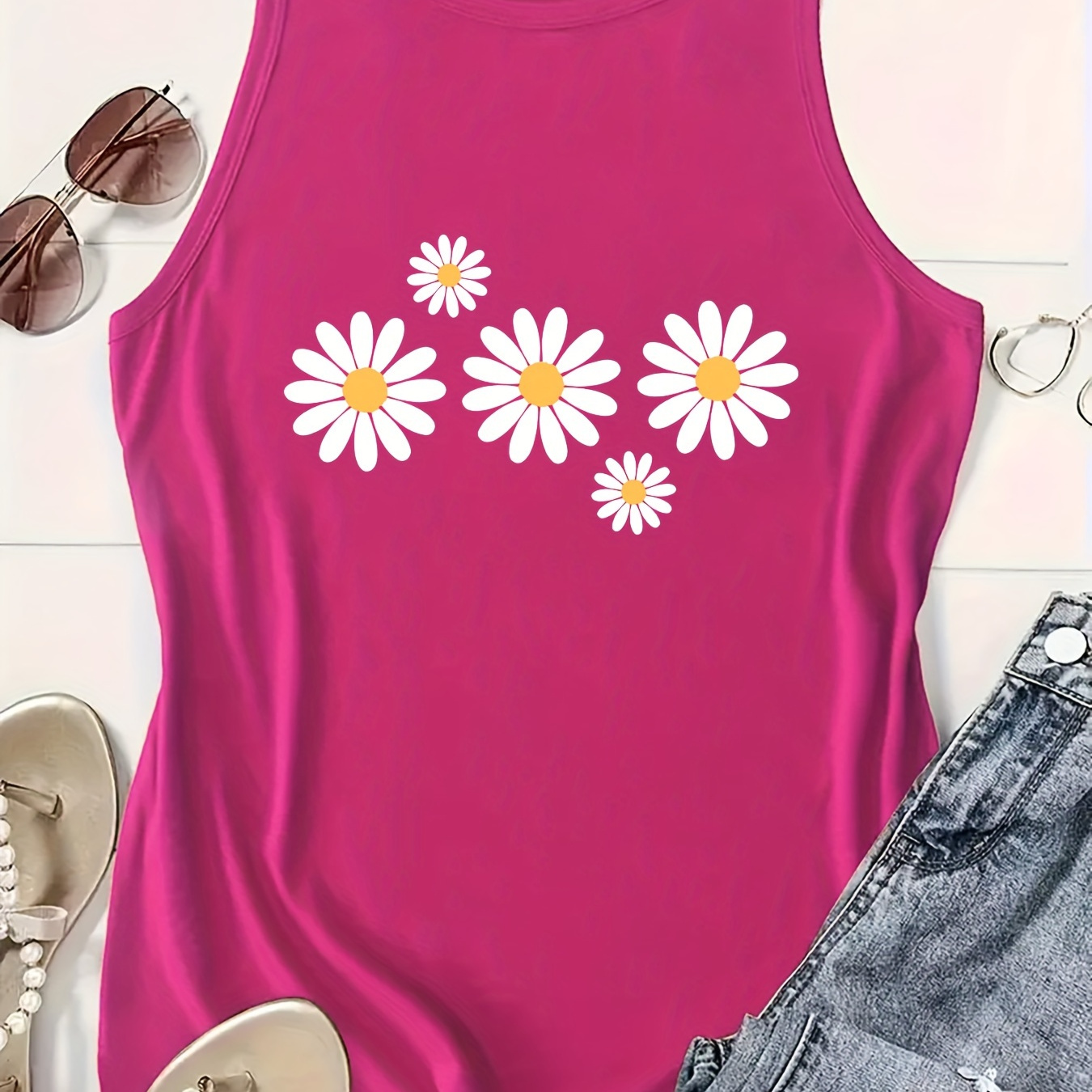 

Women's Fashion Sleeveless Tank Top With Daisy Print, Casual Round Neck, Racerback Vest