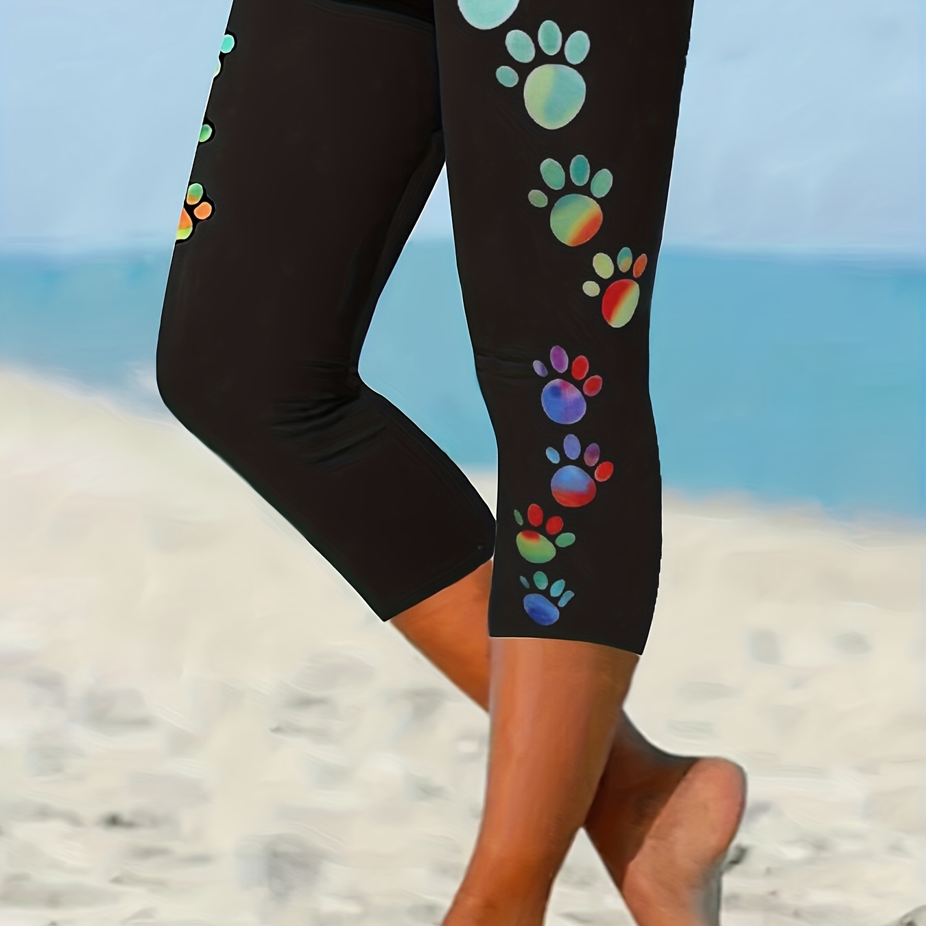 

Plus Size Casual Leggings, Women's Plus Paw Print Slight Stretch Skinny Capri Leggings