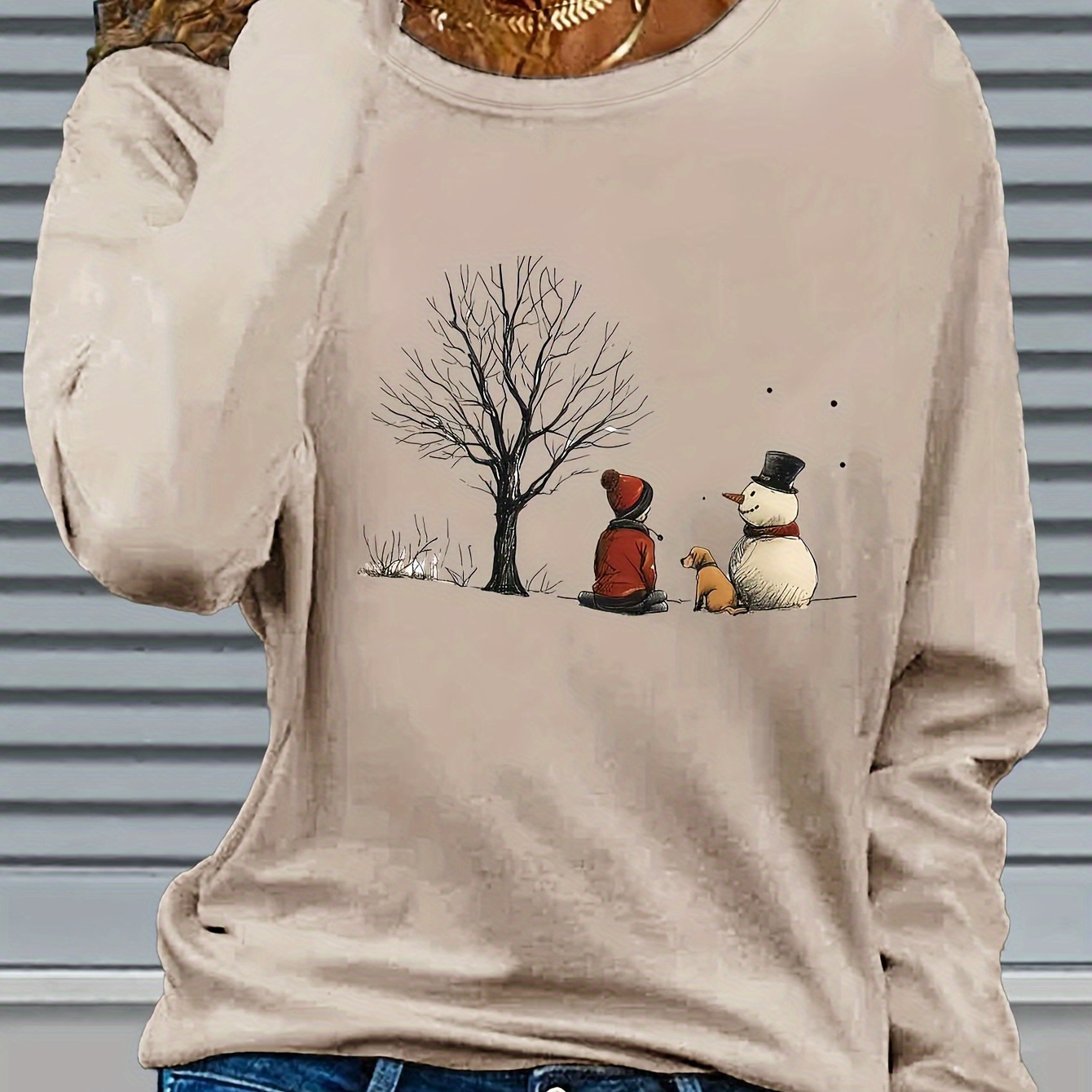 

Women's Graphic Long Sleeve T-shirt - Casual Crew Neck, Soft Polyester, Machine Washable - Fall & Winter
