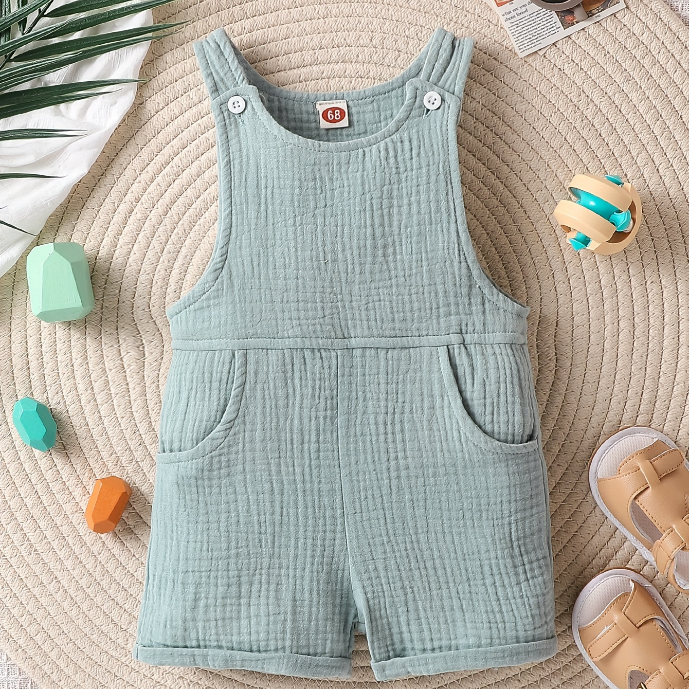 

Toddler Boys' Cotton Muslin Seersucker Overalls, Casual Summer Outfit, Sleeveless Tank Top Romper With Pockets, Breathable Playwear For Kids