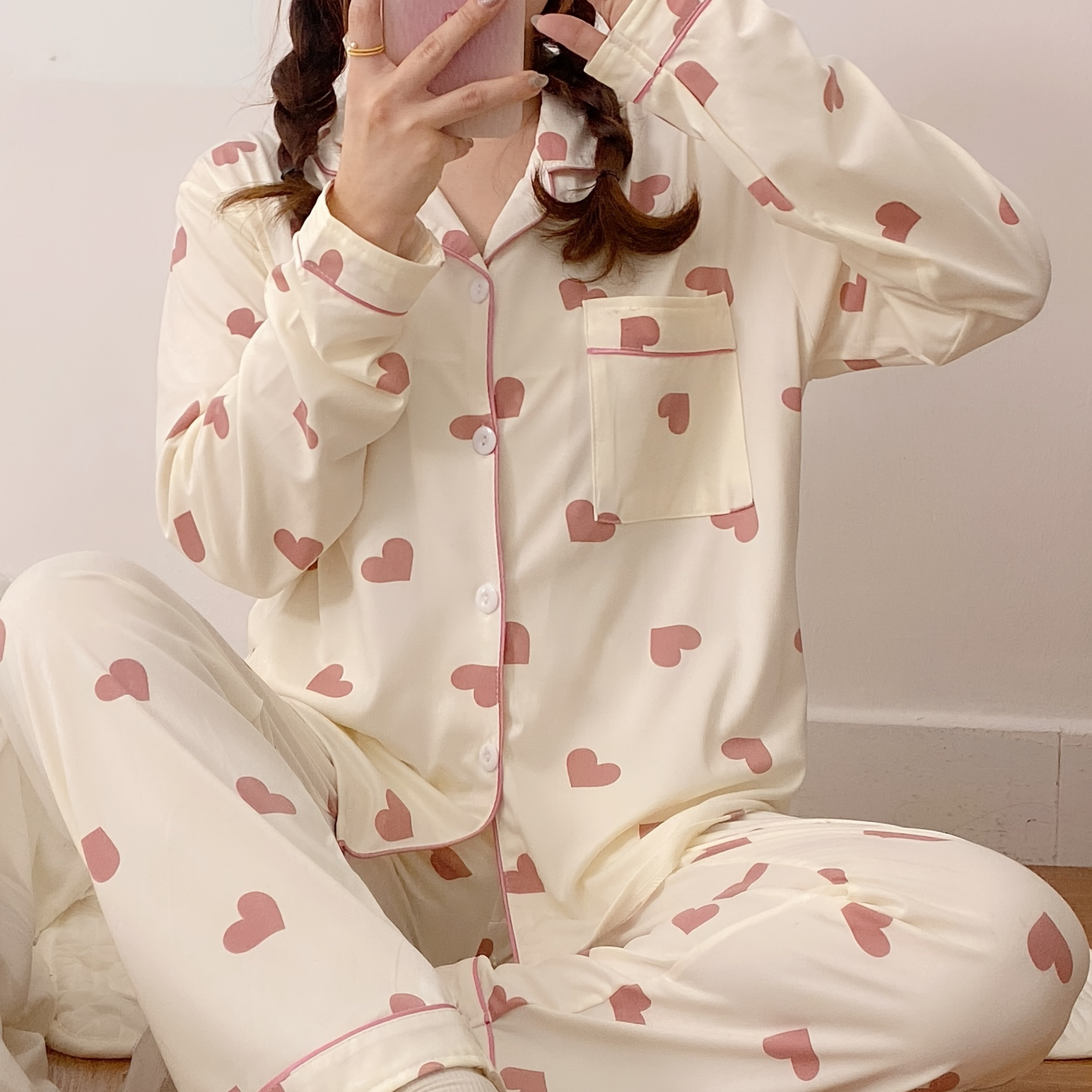 

Valentine's Day Heart Pattern Pajama Set For Women - Cozy Polyester, Long Sleeve Button- & Waist Pants, Spring/fall