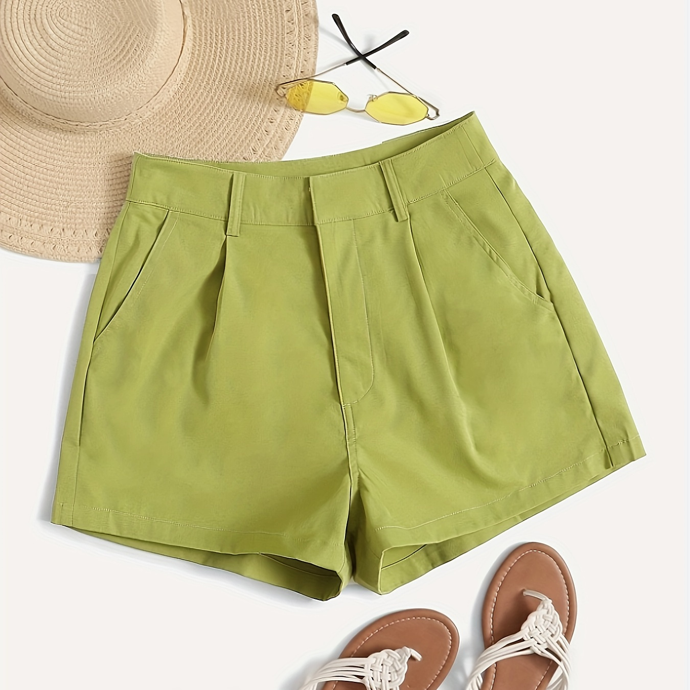 

Solid Color High Waist Shorts, Casual Slant Pockets Tucked Shorts For Spring & Summer, Women's Clothing