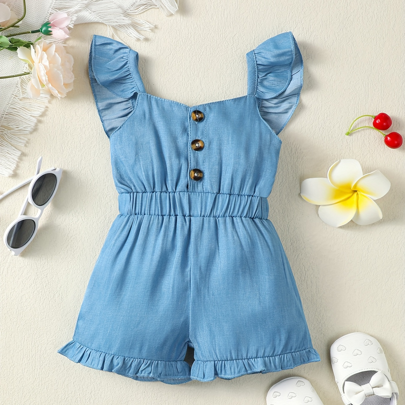 Baby Girls Ruffle Sleeveless Imitation Denim Print Romper Jumpsuit Baby Clothes Summer