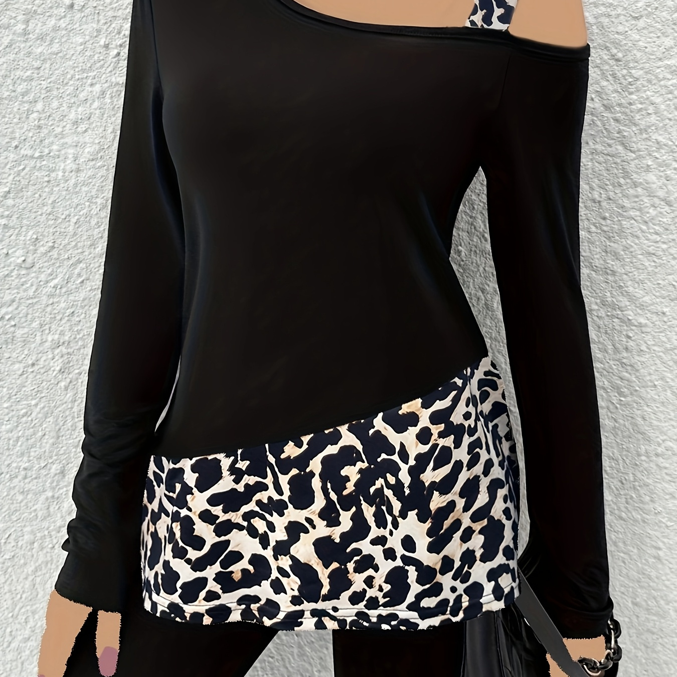 

Women's Shoulder Long Sleeve Leopard Print T-shirt, Polyester, Elegant Style, Regular Length, Spring/, Knit Fabric, Fashion Top
