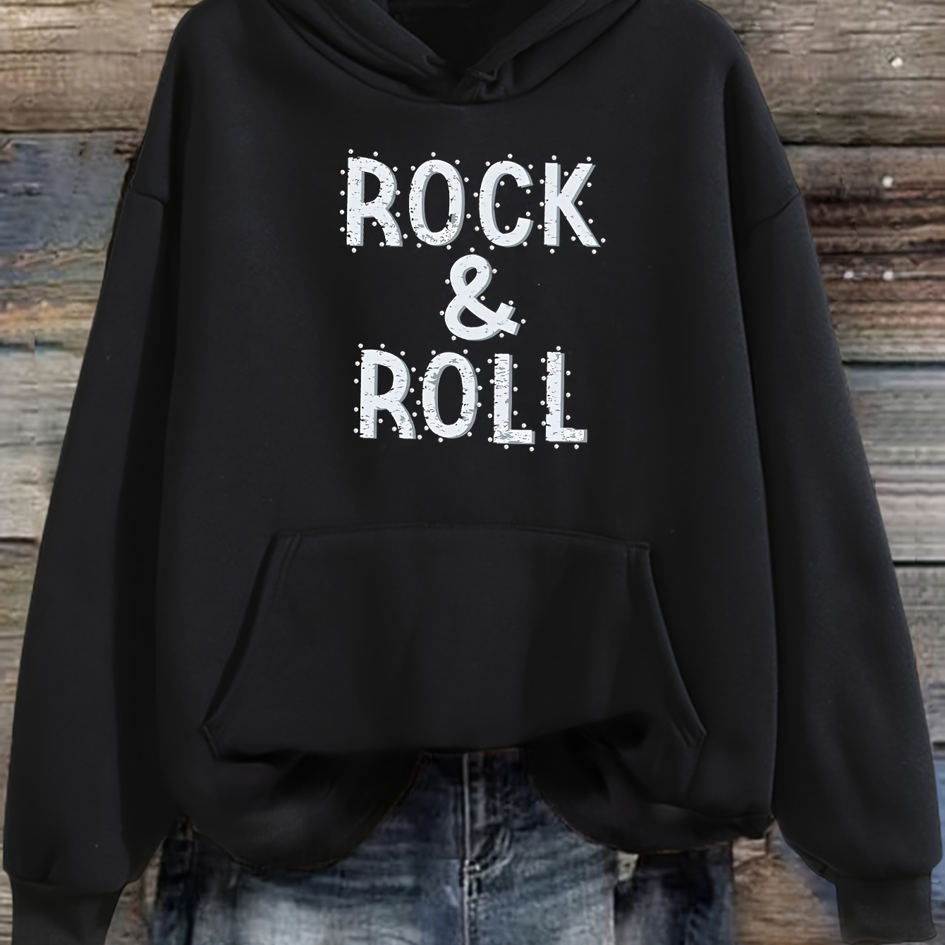 

Sweat à capuche grande taille pour femme, imprimé "ROCK & ROLL", sweat-shirt décontracté en polyester avec poche, tissu en extensible, mode automne/hiver, noir