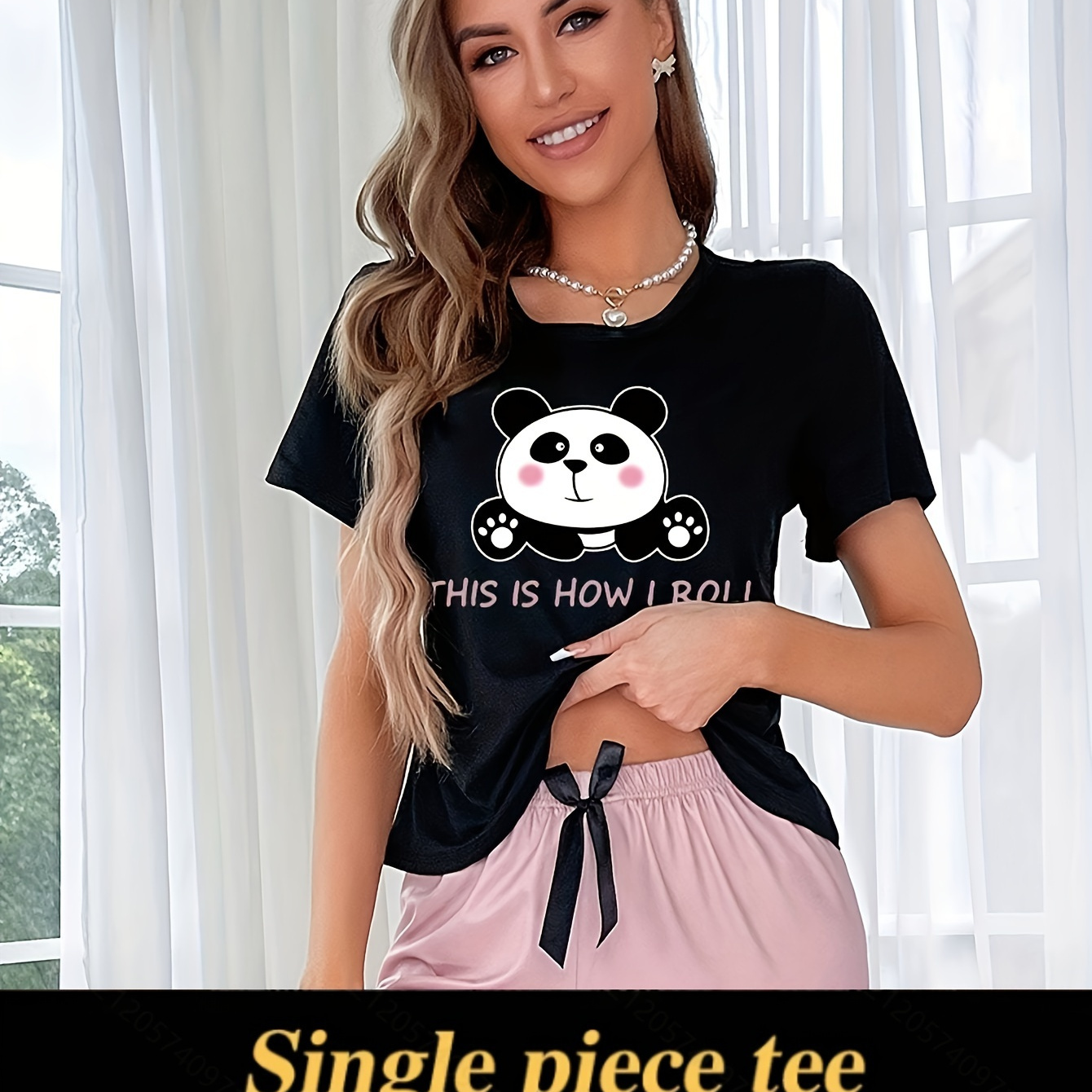 

Cute Panda & Slogan Print Pajama Tops, Short Sleeve Round Neck T-shirt, Women's Sleepwear