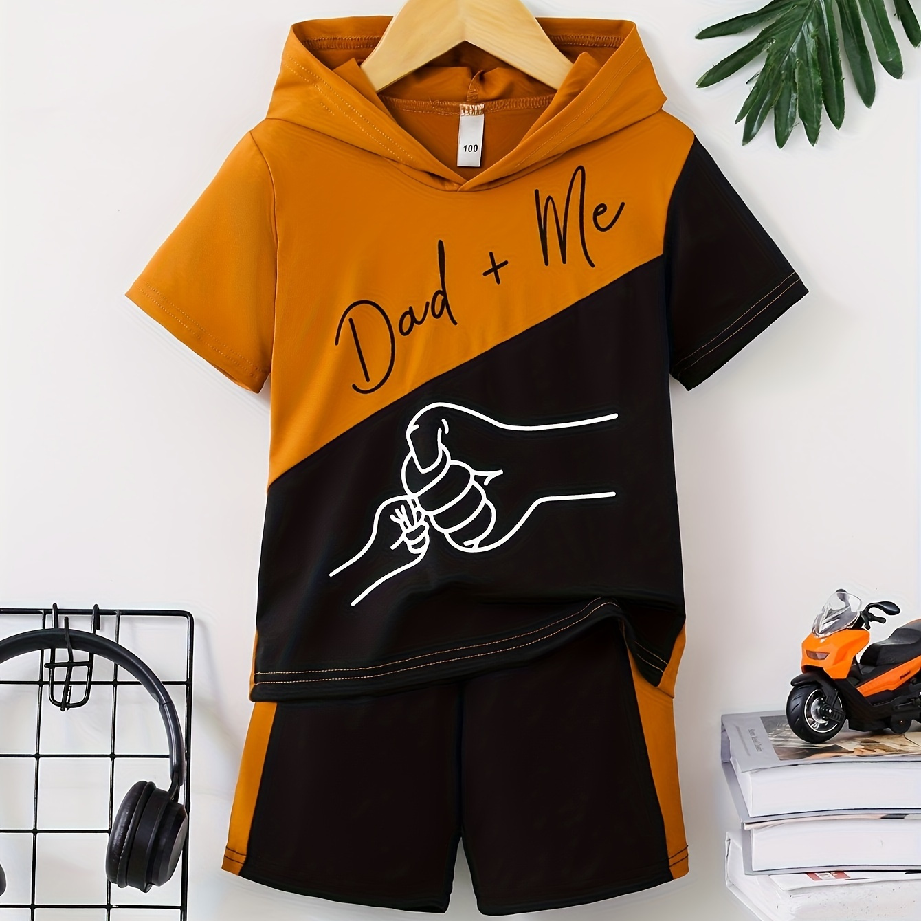 

2pcs Boys Casual Dad + Me Letter Graphic Print Short Sleeve Hooded T-shirt & Shorts Set, Comfy Summer Boys Clothes