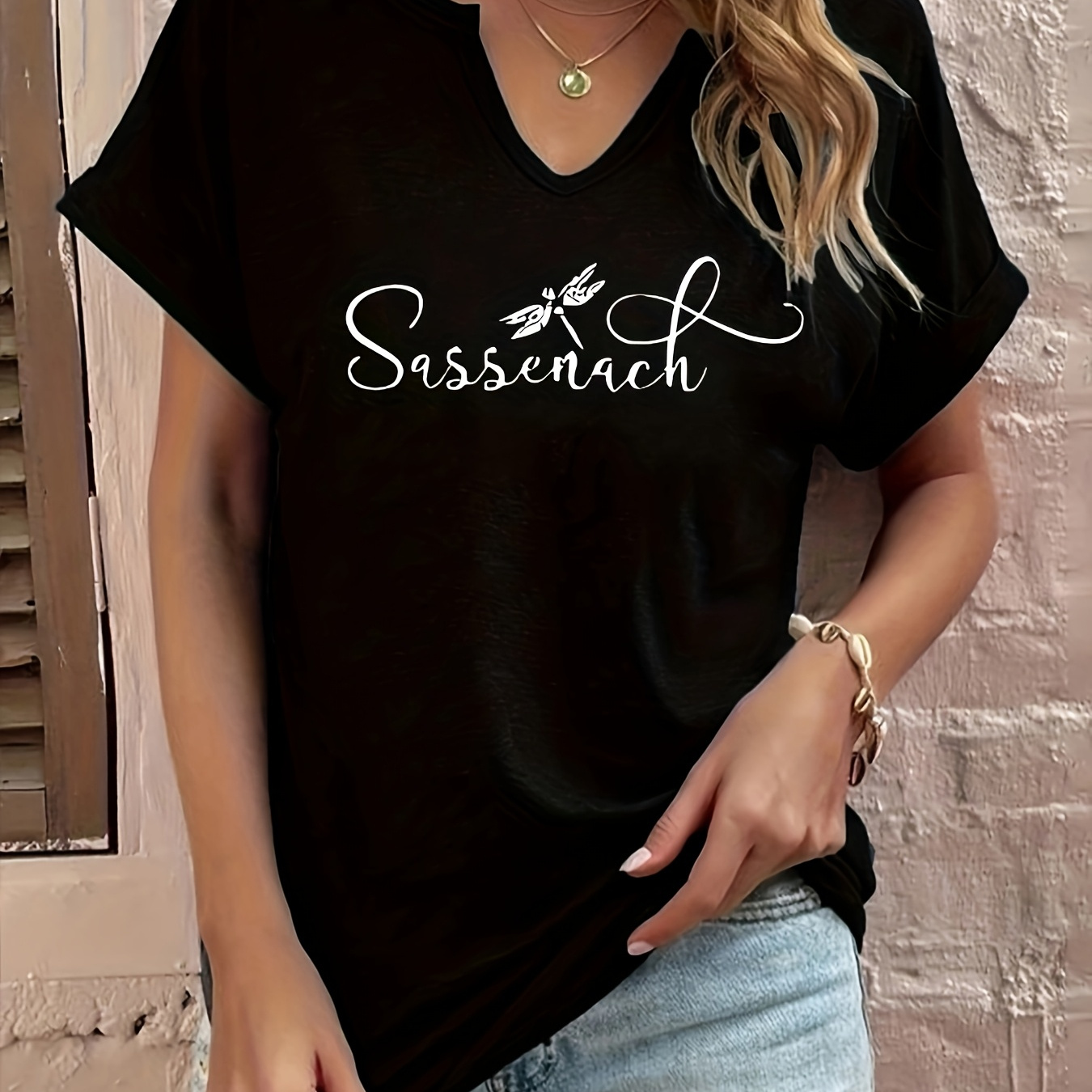 

Women's Letter Print T-shirt, V-neck Short Sleeve Casual Top, Summer Fashion Polyester Knit Fabric With Stretch, Regular Fit - 95% Polyester 5% Elastane