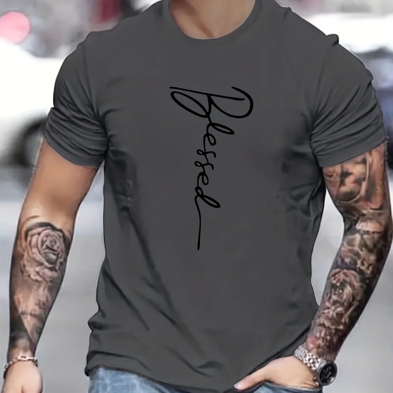 

Letter Blessed Print Men's Slightly Stretch T-shirt, Graphic Tee Men's Summer Clothes, Men's Outfits