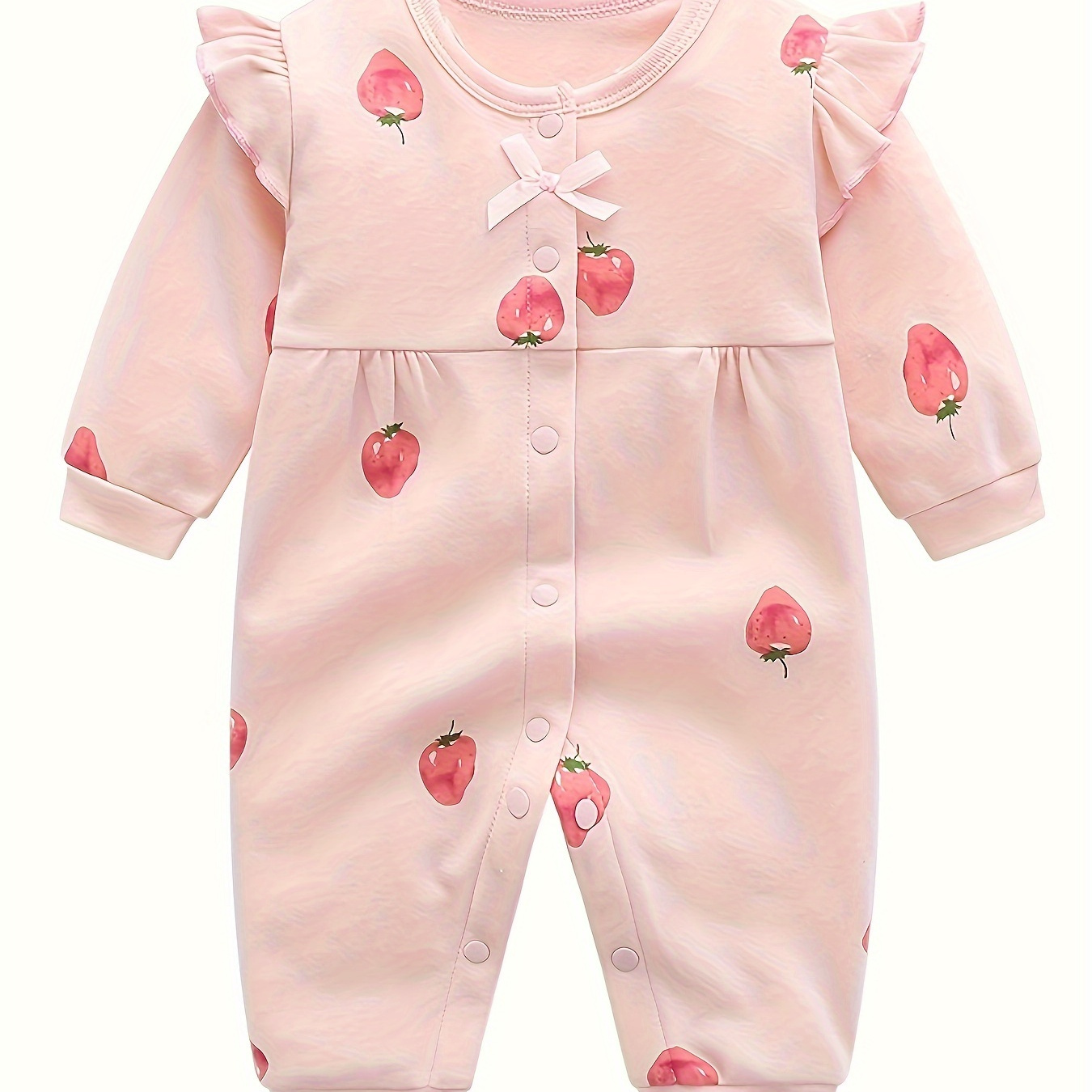 

Infant's Cartoon Strawberry Allover Print Cotton Bodysuit, Casual Long Sleeve Onesie, Baby Girl's Clothing