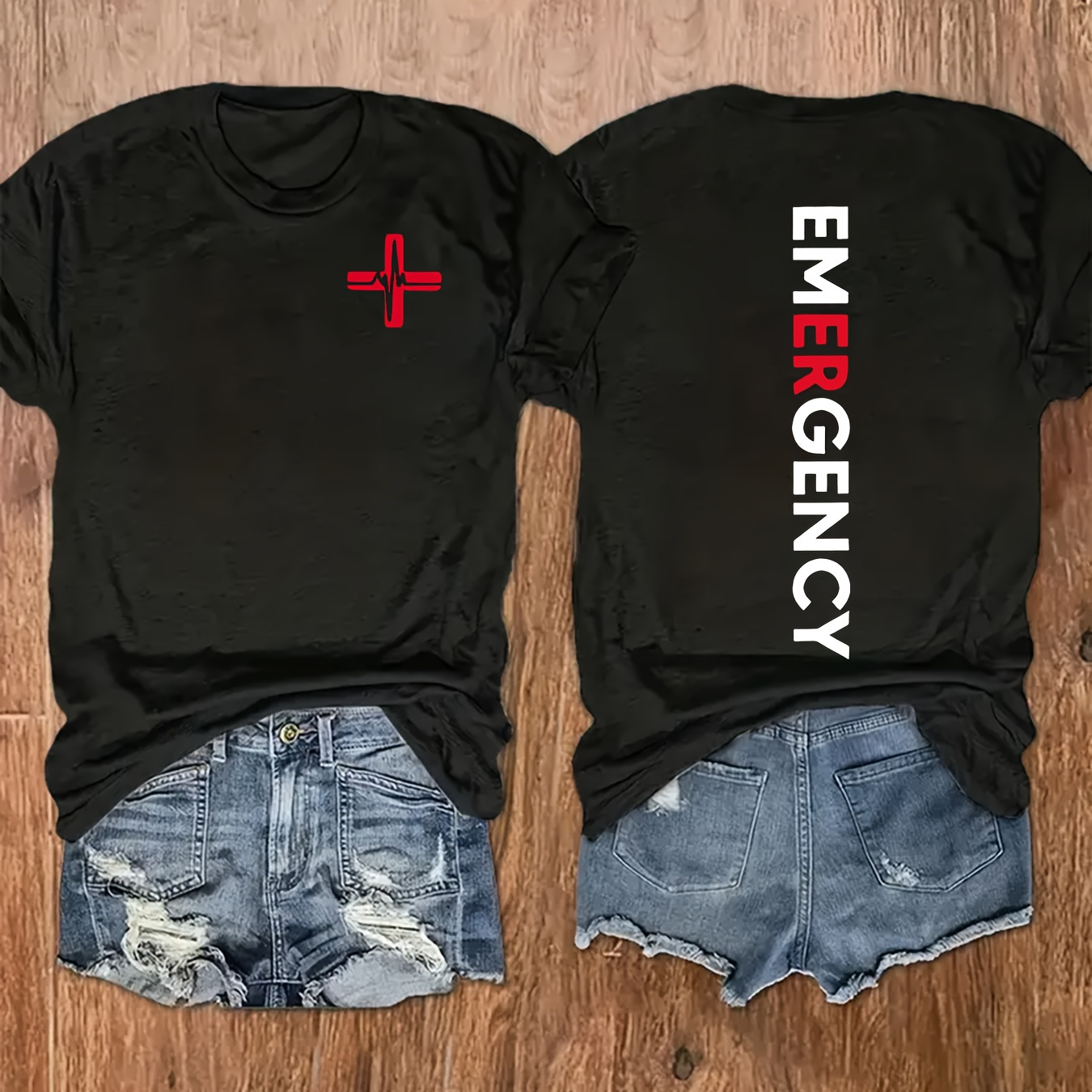 

[] Women's Casual Letter Print Short Sleeve T-shirt - Soft Polyester Crew Neck Tee With "emergency" Graphic Design, Lightweight & Breathable For Casual Attire