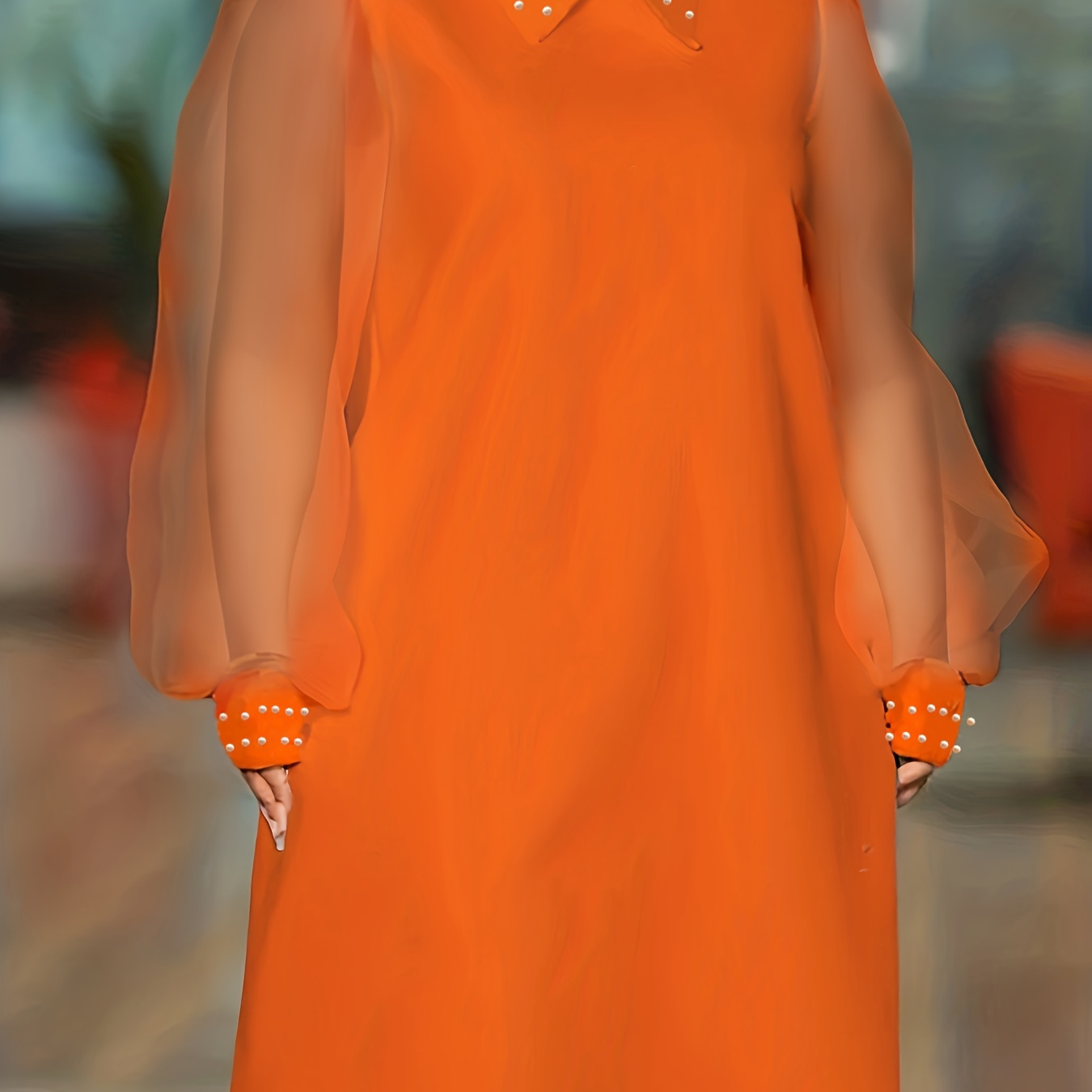 

Plus Size Elegant Dress, Women's Plus Solid Contrast Mesh Faux Pearl Decor Lantern Sleeve Turn Down Collar Dress