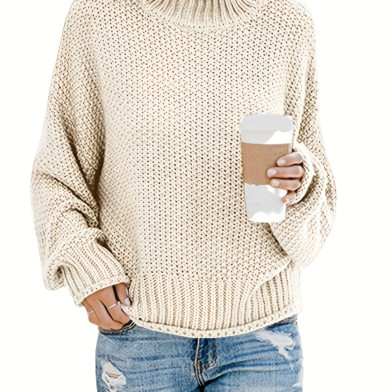 

Solid Mock Neck Pullover Sweater, Casual Loose Long Sleeve Sweater For Fall & Winter, Women's Clothing