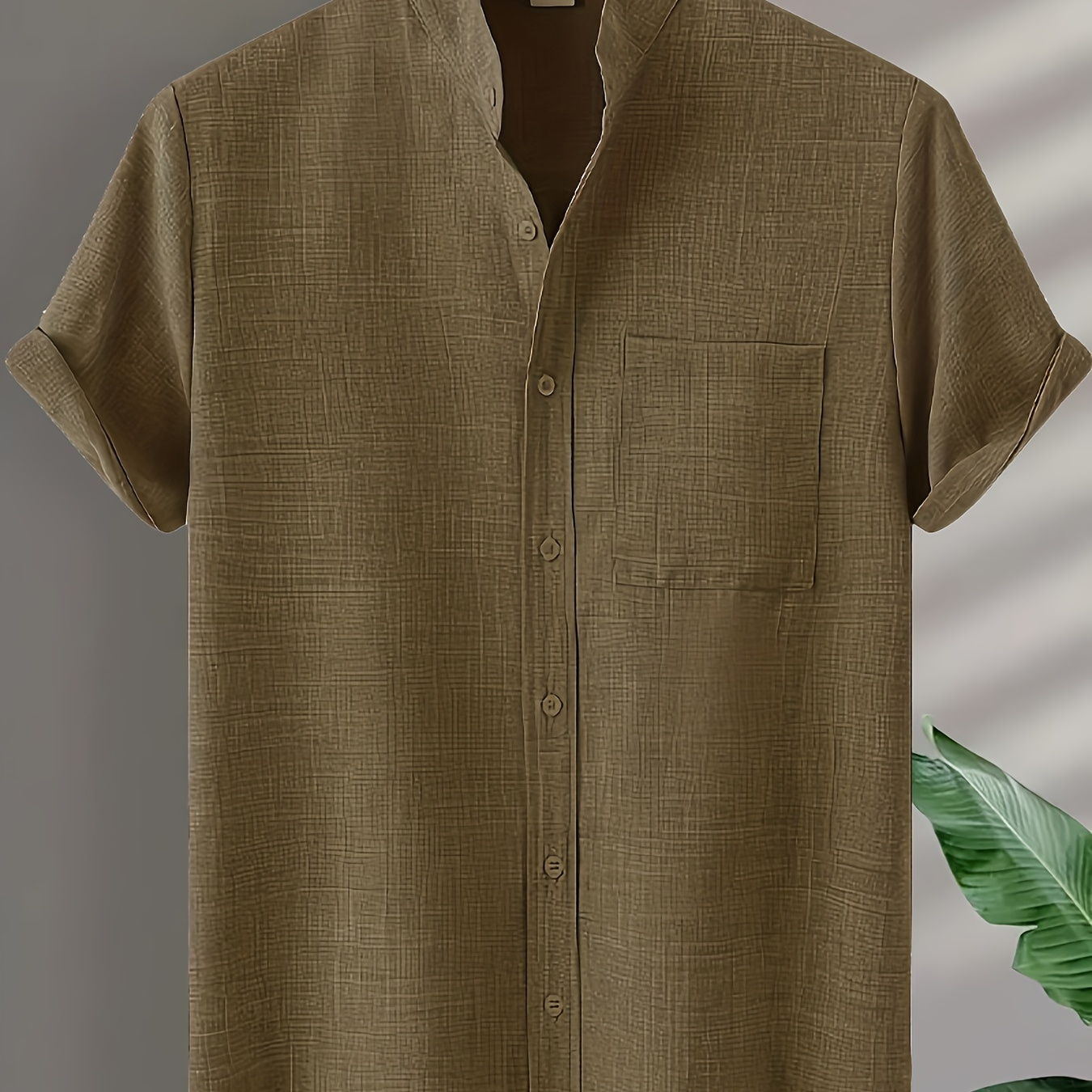 

Solid Color Men's Short Sleeve Stand Collar Shirt, Men's Casual Button Up Shirt For Summer Outdoor