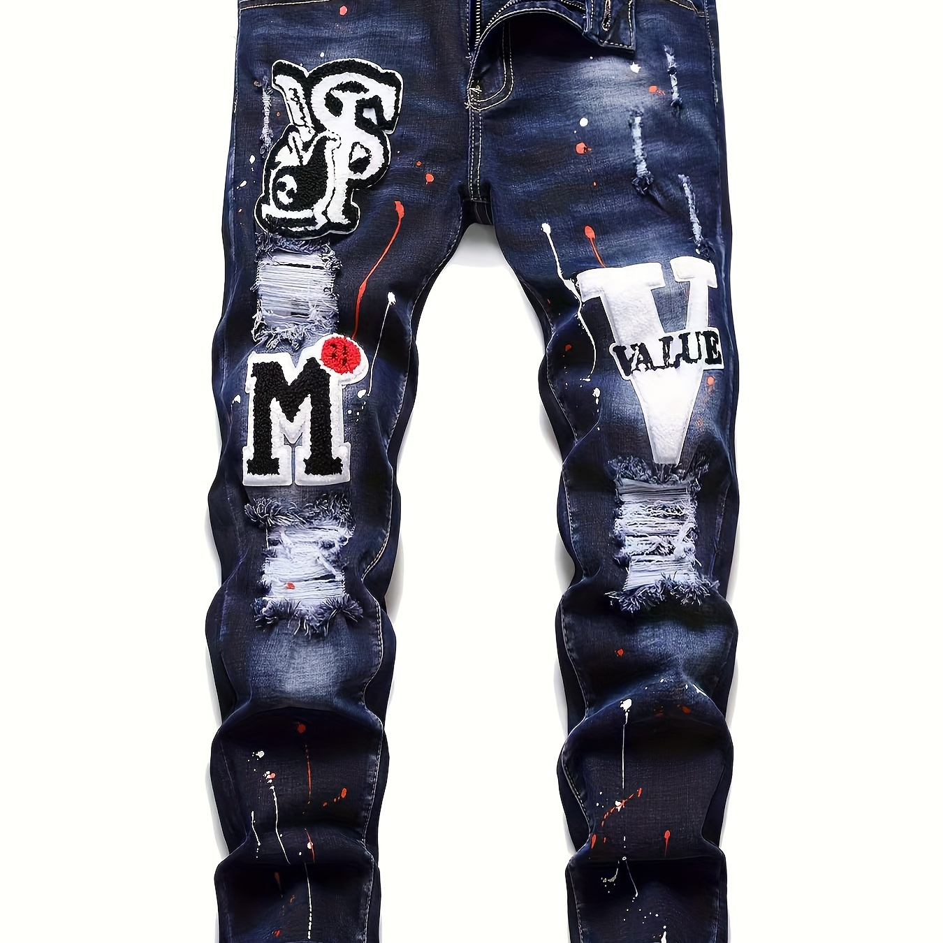 

Men's M Embroidery Graphic Print Ripped Denim Pants With Pockets, Causal Cotton Blend Jeans For Outdoor Activities