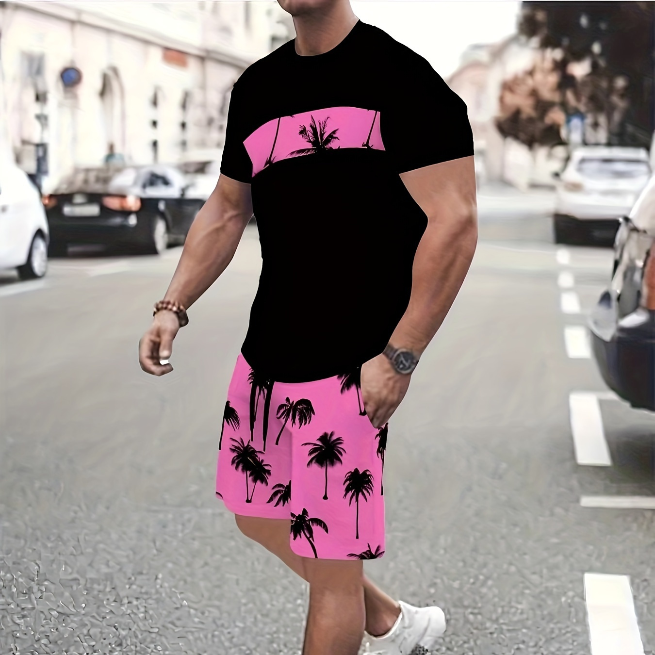 

Men's Outfit, Coconut Trees Graphic Print Casual Crew Neck Short Sleeve T-shirt & Shorts 2-piece Set For Summer Outdoor Activities