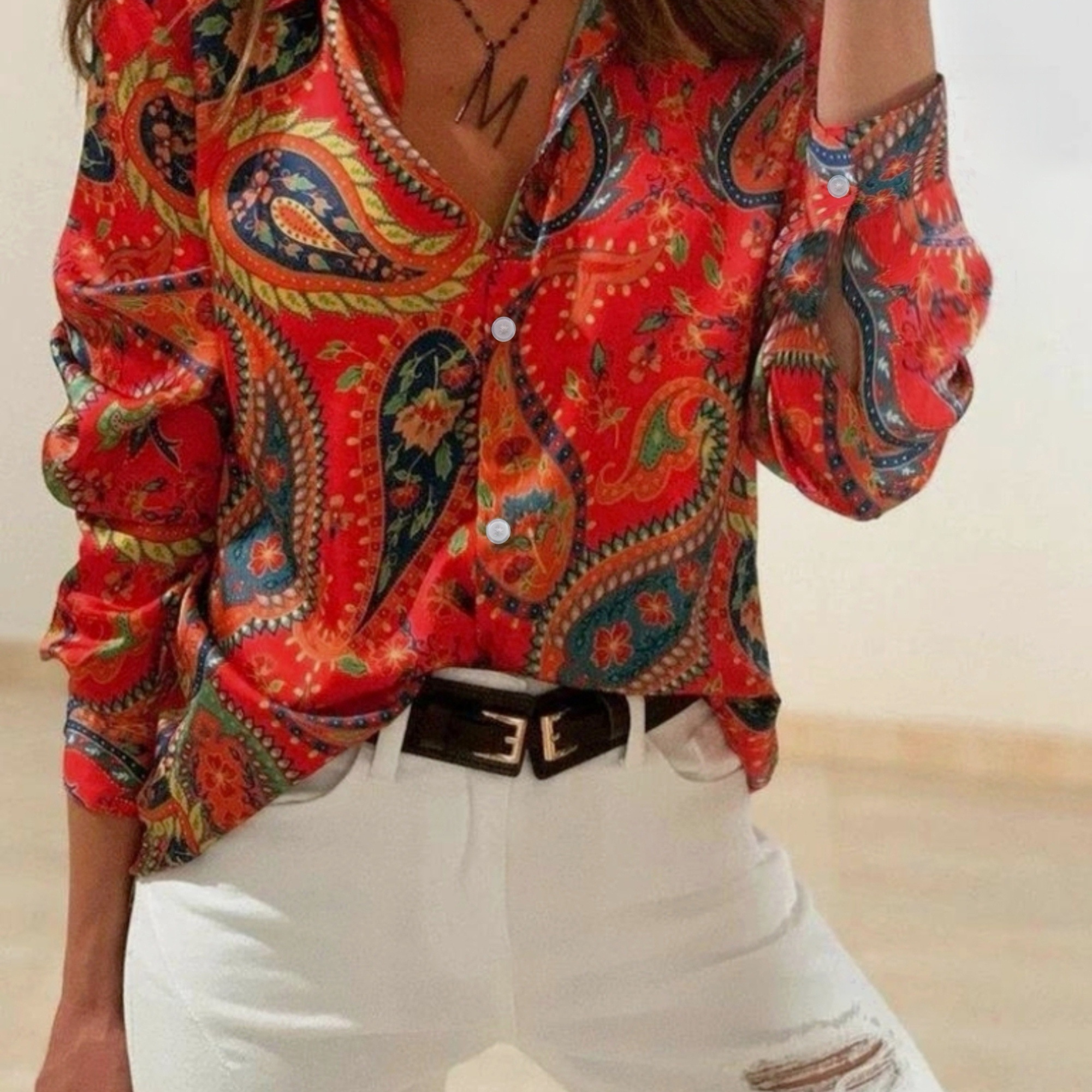 

Paisley Print Single-breasted Shirt, Casual Long Sleeve Shirt For Spring & Fall, Women's Clothing