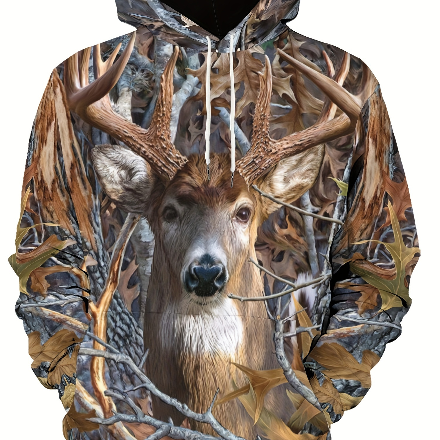 

Men's Casual Pullover Hoodie With 3d Deer Antlers Print, Outdoor Nature-inspired Hooded Sweatshirt, Streetwear Fashion Top