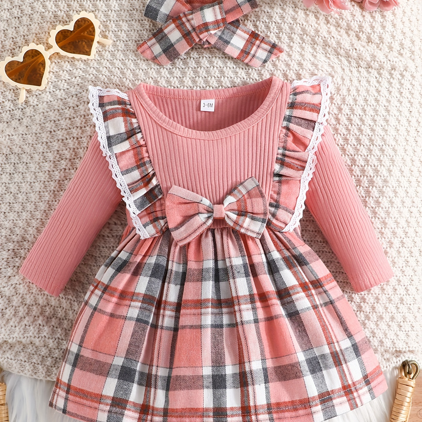 

Baby Girl's Adorable Ruffle Trim Plaid Stitching Long Sleeve Dress + Headband Set