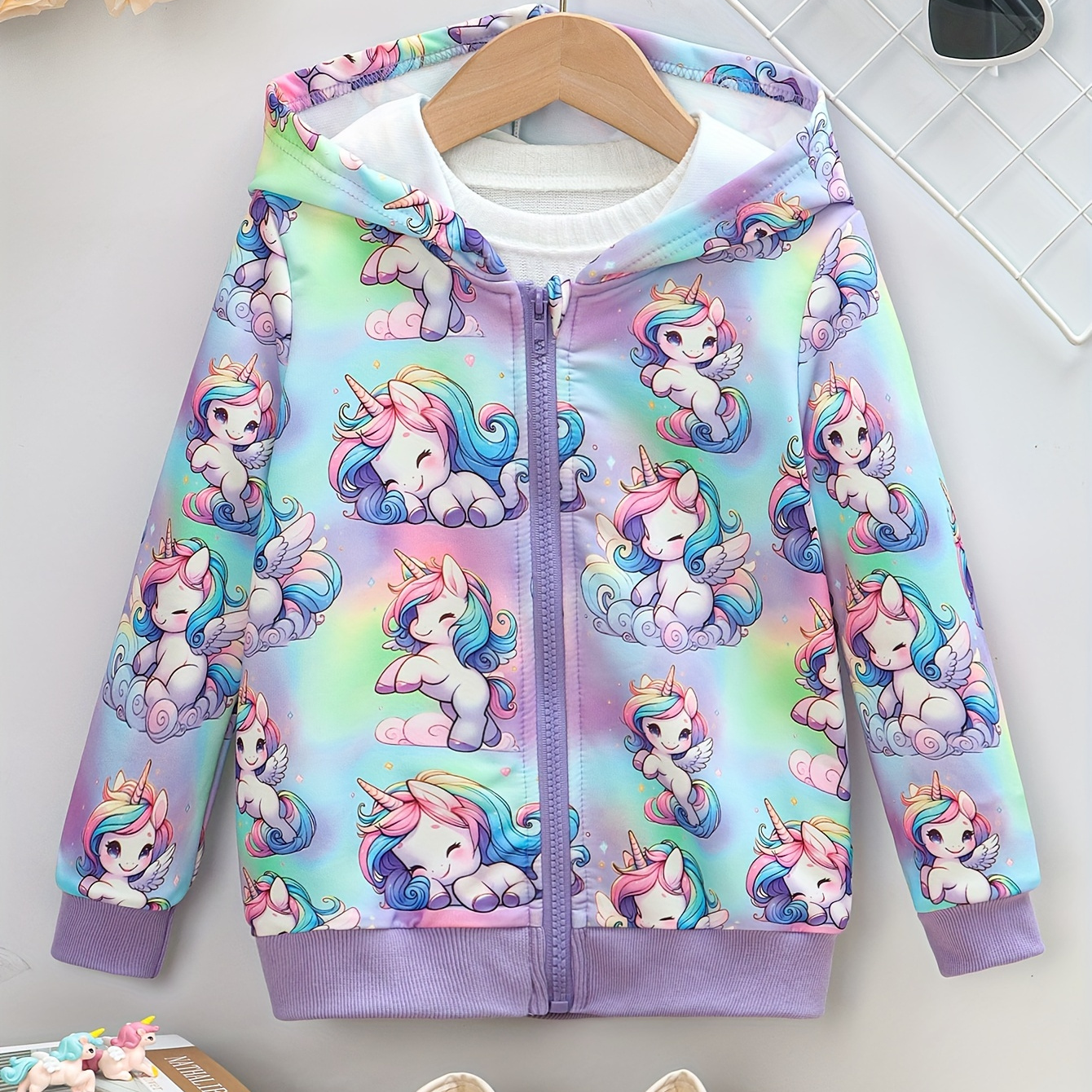 

Girl's Cartoon Unicorns Print Hooded Long Sleeve Jacket, Cute Trendy Versatile Zipper Coat For Spring And Autumn, Creative Gift