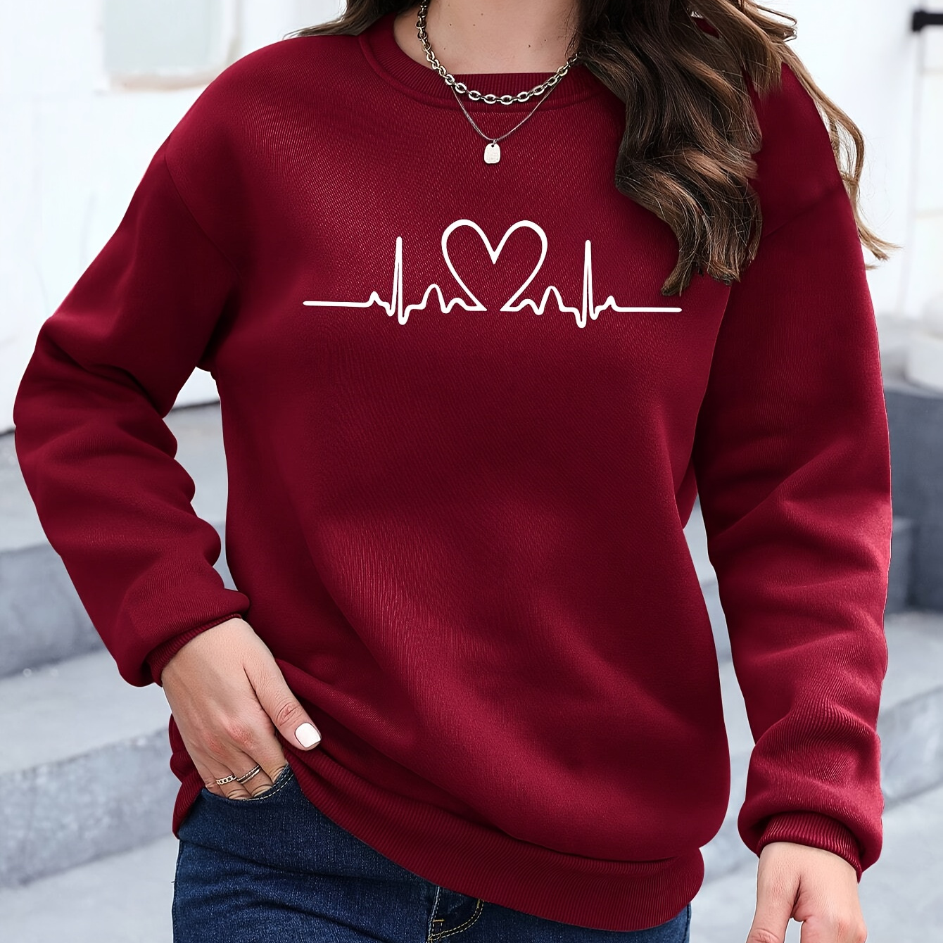 

Sweatshirt Doublé en à Imprimé Cœur - Pull Décontracté à Col Rond pour Femme, pour & l'Hiver