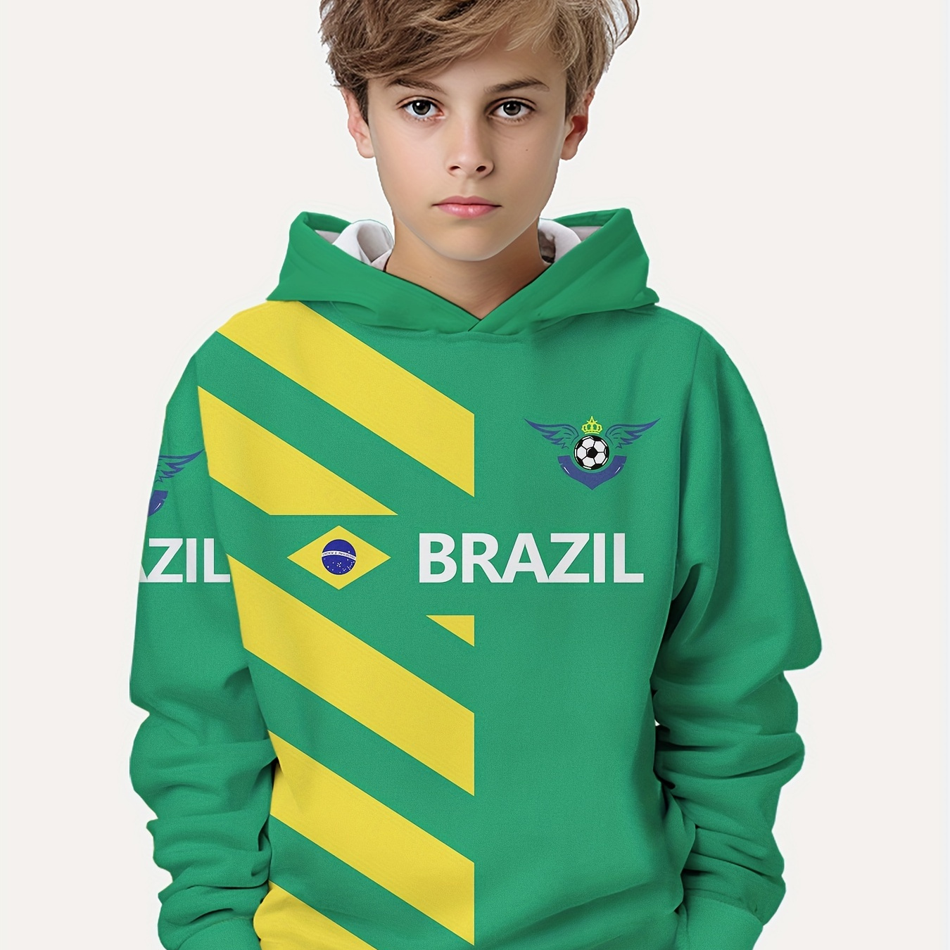 

Brazil & Flag Graphic Print, Boys Trendy & Casual Long Sleeve Color Contrast Hoodie For Fall & Winter, Boys Street Wear Clothes