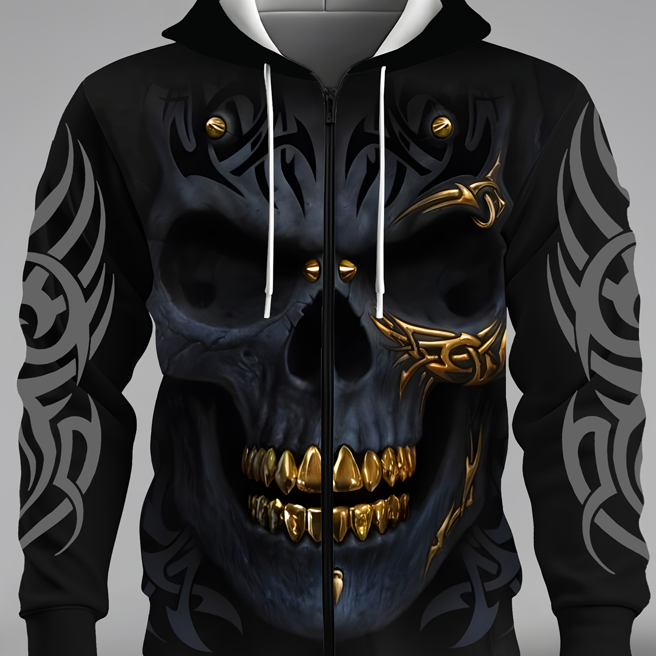 

1pc Men' Casual Novelty 3d Skull Print Hoodie With Zipper Pocket, Polyester Knit Fabric, Slight Stretch, Regular Fit, Print Hooded Collar Sweatshirt, Plus Size