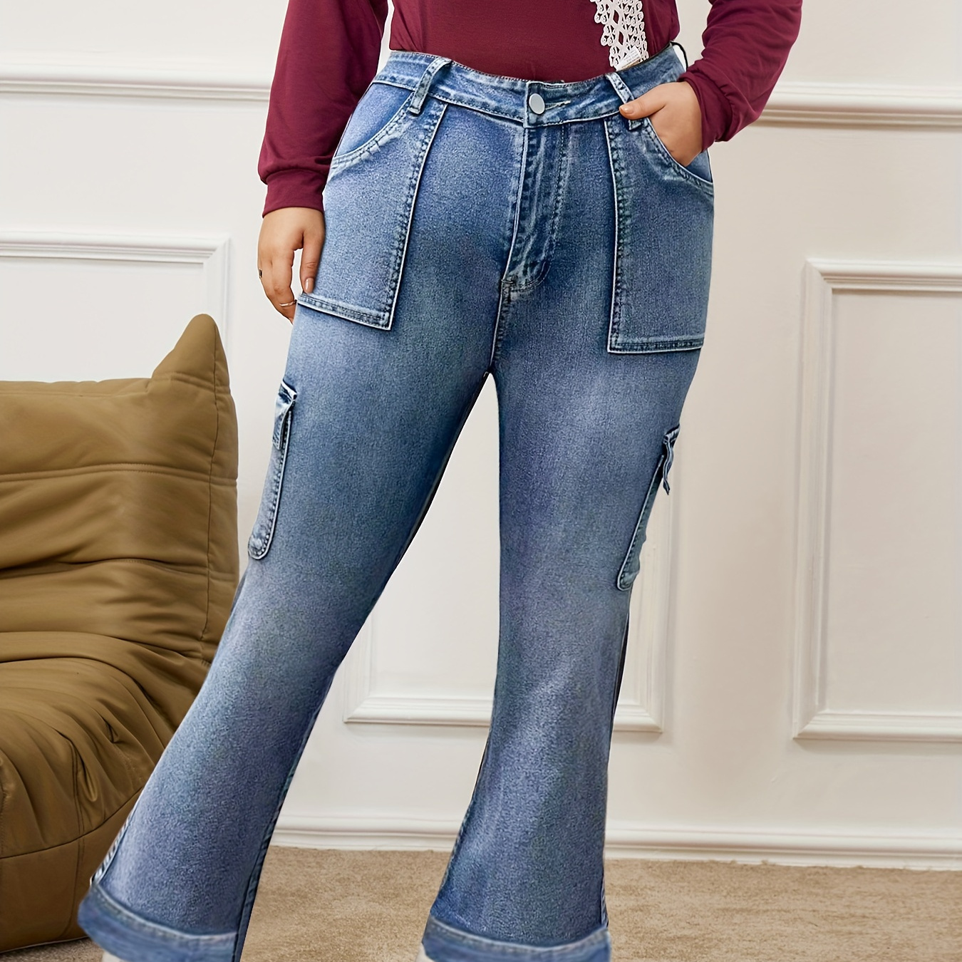 

Plus Size Casual Jeans, Women's Plus Washed Button Fly High Rise High Stretch Flared Leg Cargo Jeans With Flap Pockets