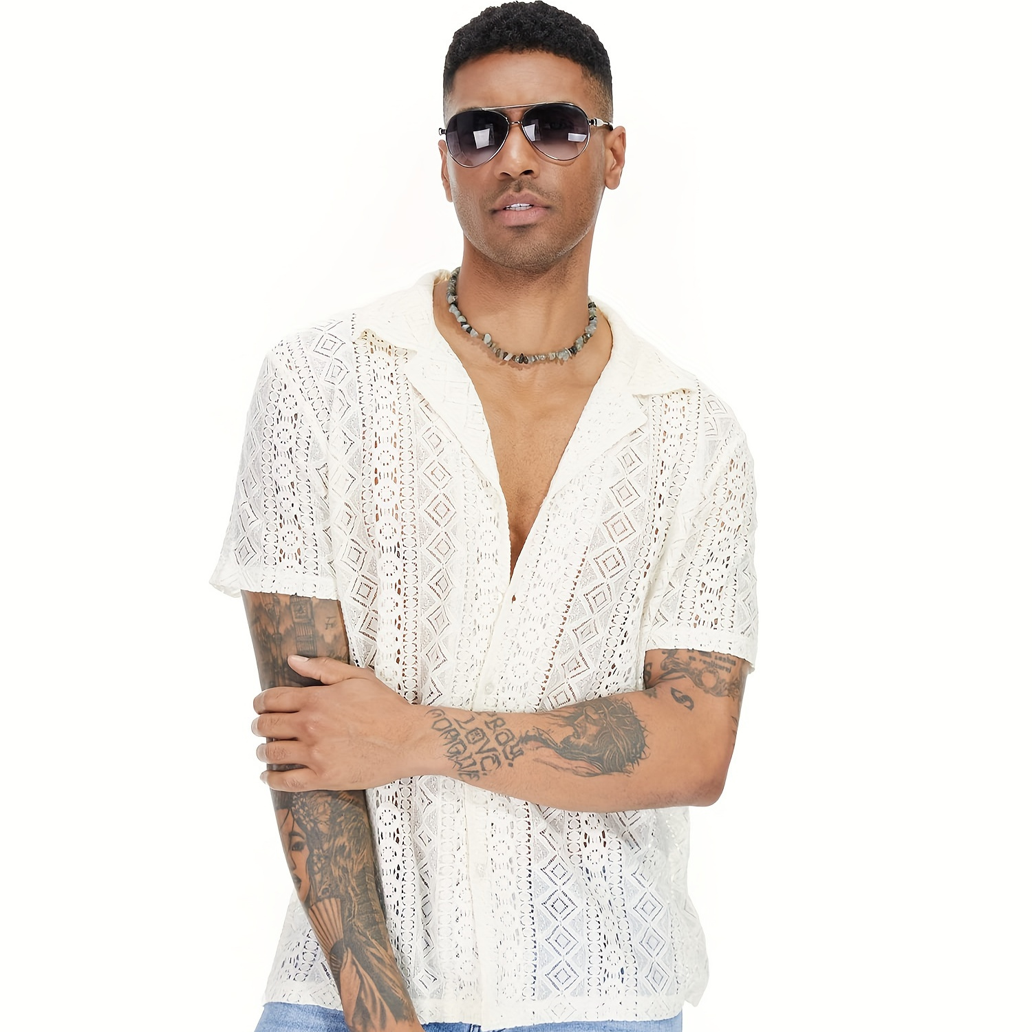Men's Sheer Floral Lace Shirt - Short Sleeve Mesh Button-Down For Rave, Festival, Or Casual Wear