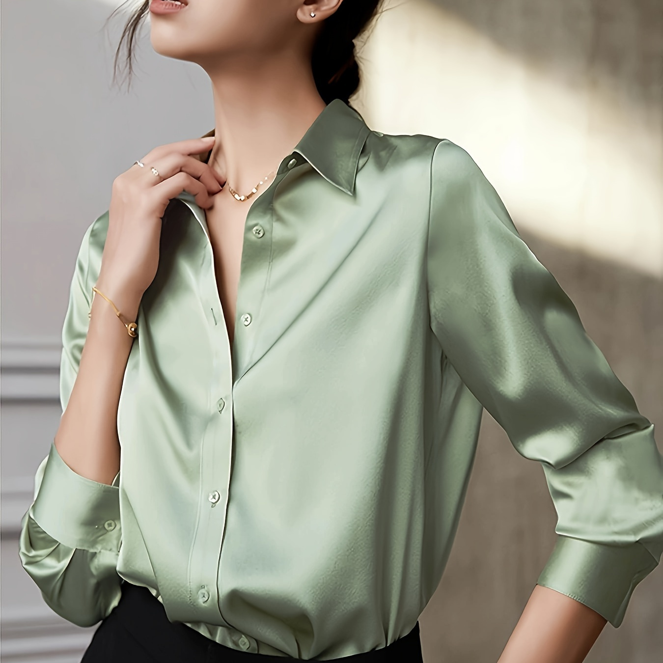 

Satin Button Front Shirt, Elegant Long Sleeve Lapel Shirt For Spring & Fall, Women's Clothing