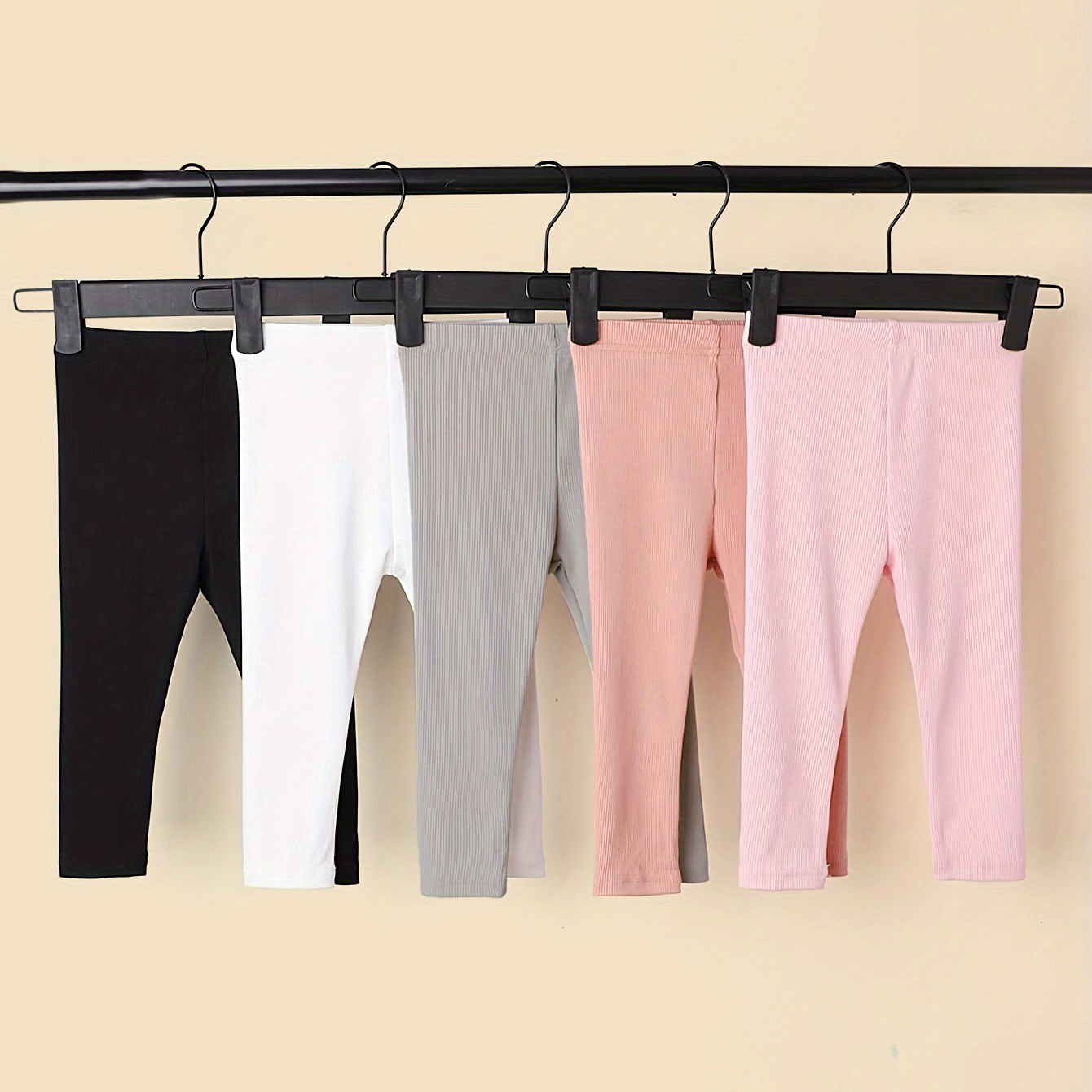 

5pcs Baby's Solid Color Ribbed Leggings, Versatile Elastic Waist Pants, Infant & Toddler Girl's Clothing For Outing