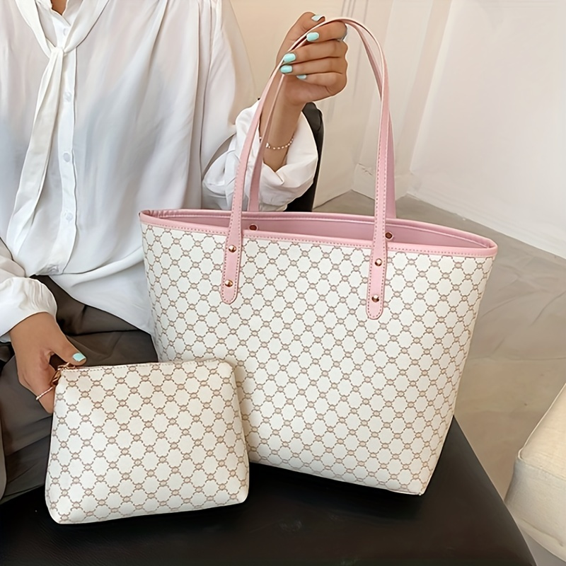 1set/2pcs Monogram Patterned Double-handle Handbag With Removable Shoulder  Strap, Including Mini Coin Purse, Suitable For Women's Street Style, Casual