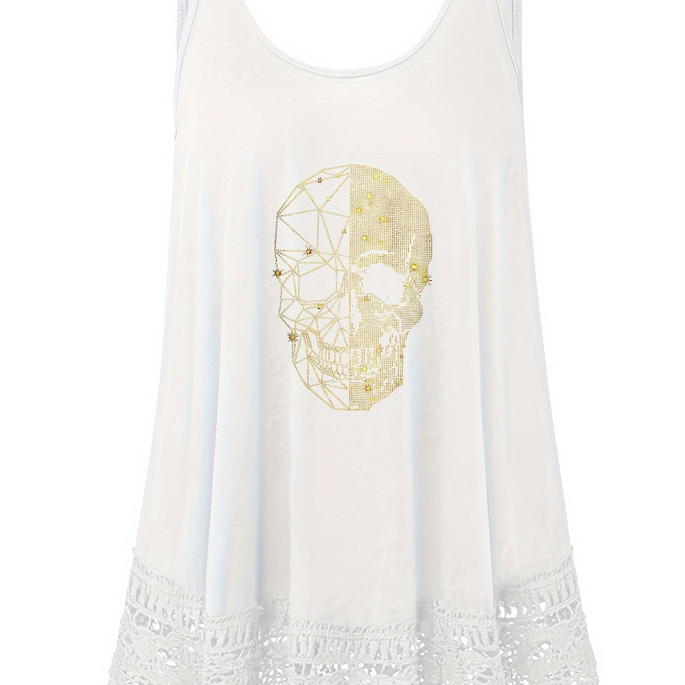 

Plus Size Skull Print Tank Top, Casual Lace Stitching Sleeveless Crew Neck Top For Spring & Summer, Women's Plus Size Clothing