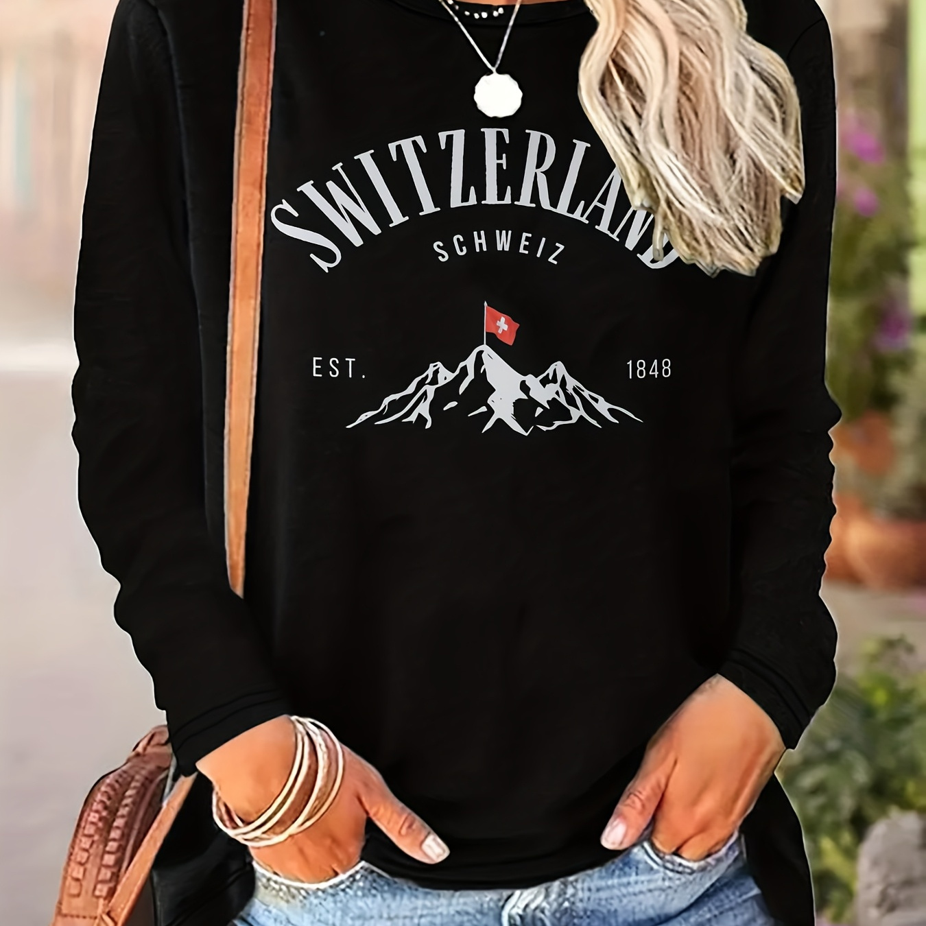 

Switzerland Schweiz Est. 1848 Long Sleeve T-shirt, Casual Crew Neck, Polyester Knit Fabric, Geometric Pattern, Regular Length, For Women, Spring/summer/fall Top