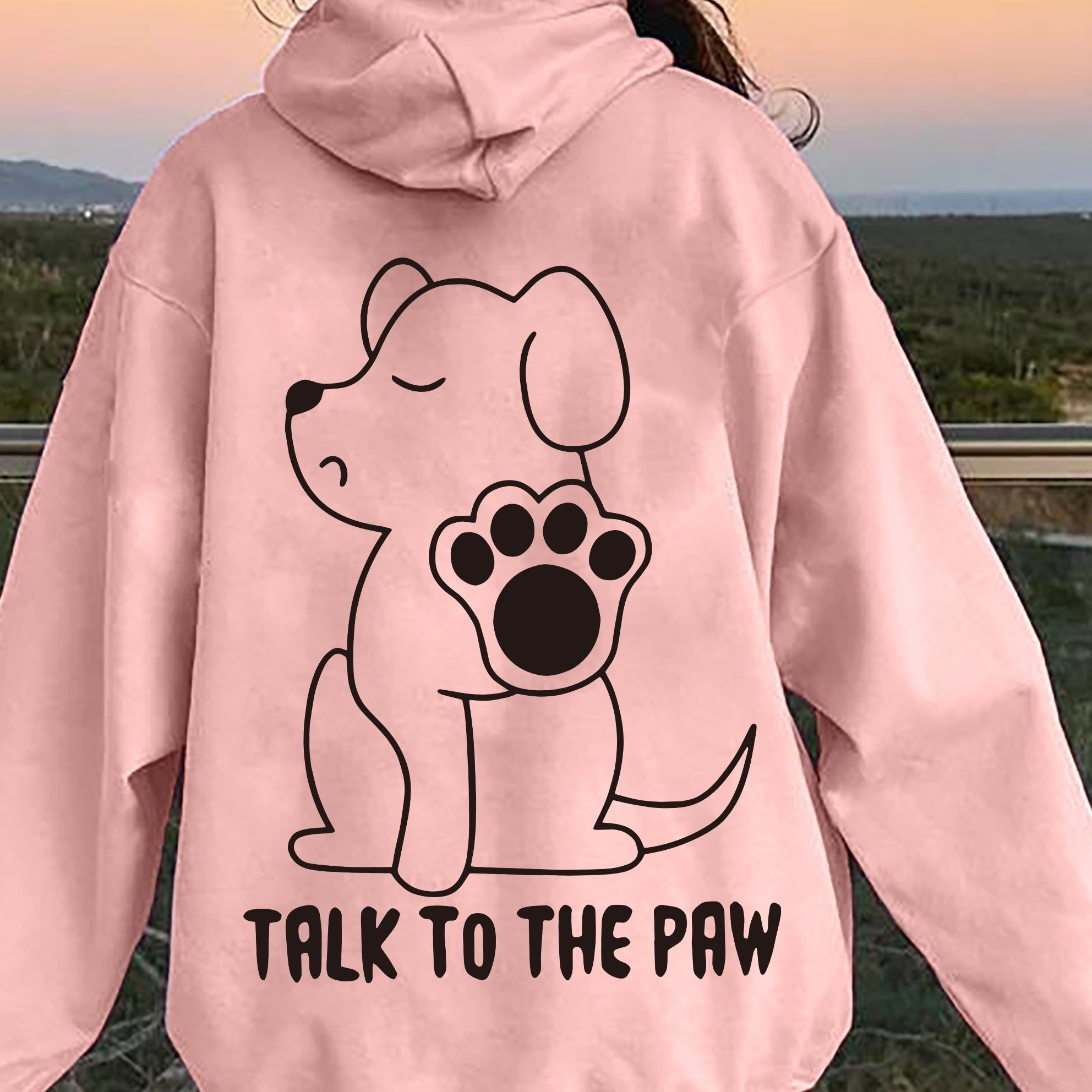 

Casual Polyester Hoodie For Women, 100% Knit Fabric, Geometric Dog Paw Print & "talk To The Paw" Slogan, Fall/winter Hooded Sweatshirt With Pockets