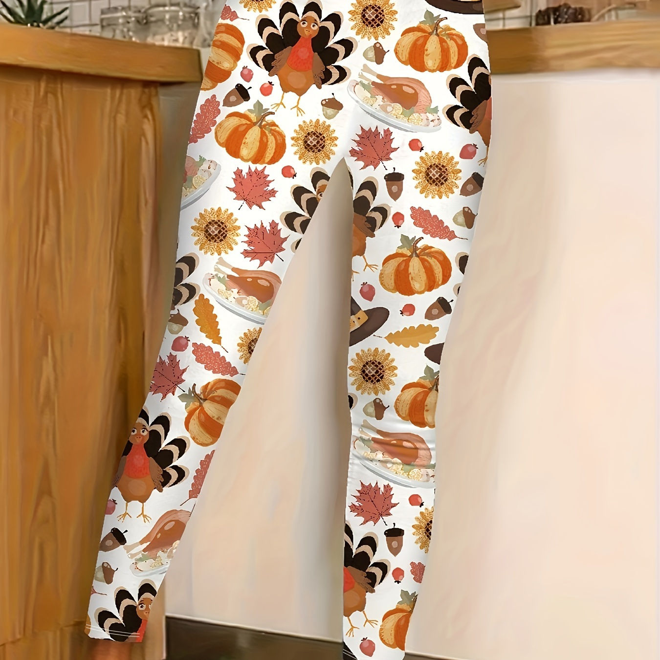 

Plus Size Turkey Print Skinny Leggings, Casual Every Day Stretchy Leggings, Women's Plus Size Clothing