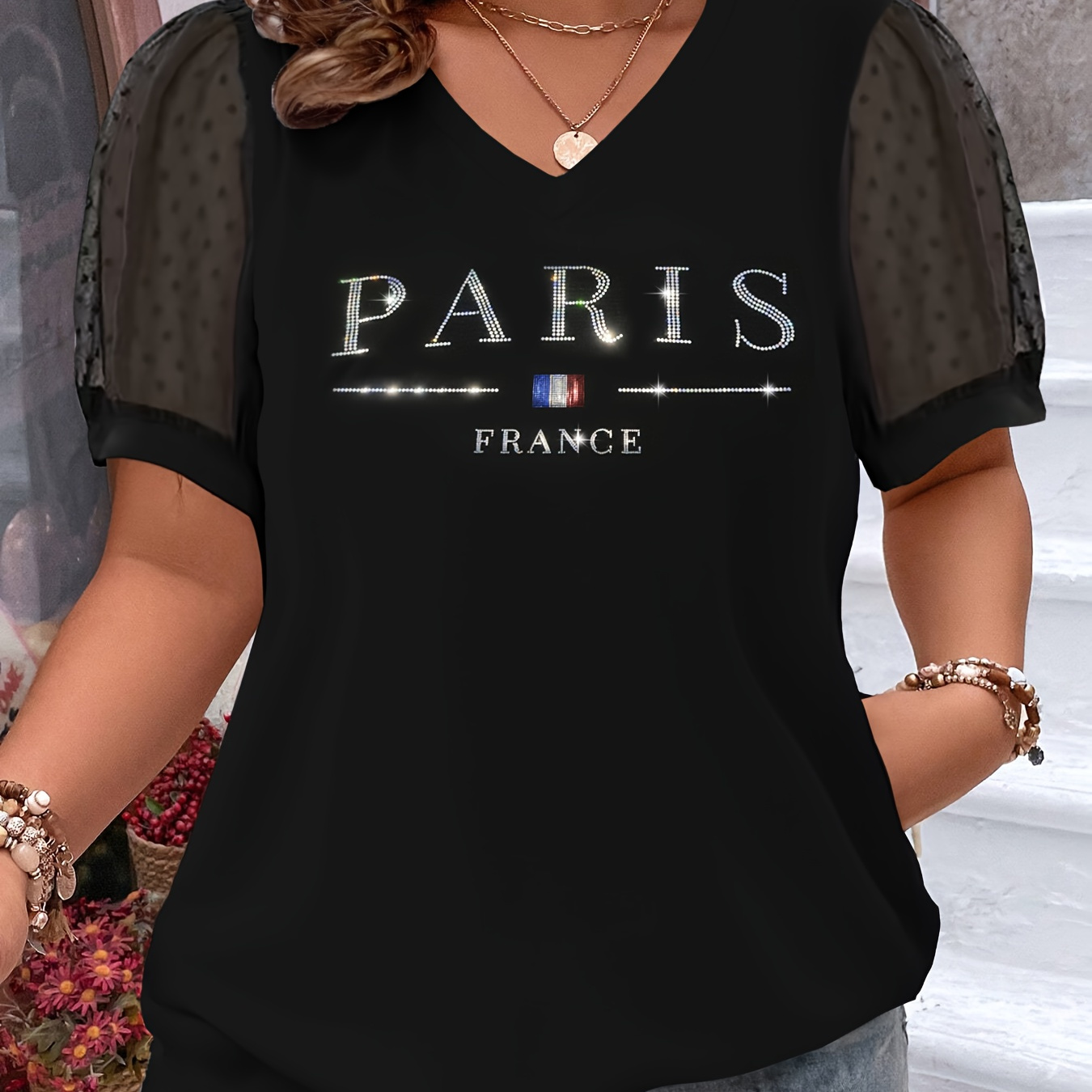 

Plus Size Paris Pattern Sequined T-shirt, Casual Short Sleeve Top For Spring & Summer, Women's Plus Size Clothing