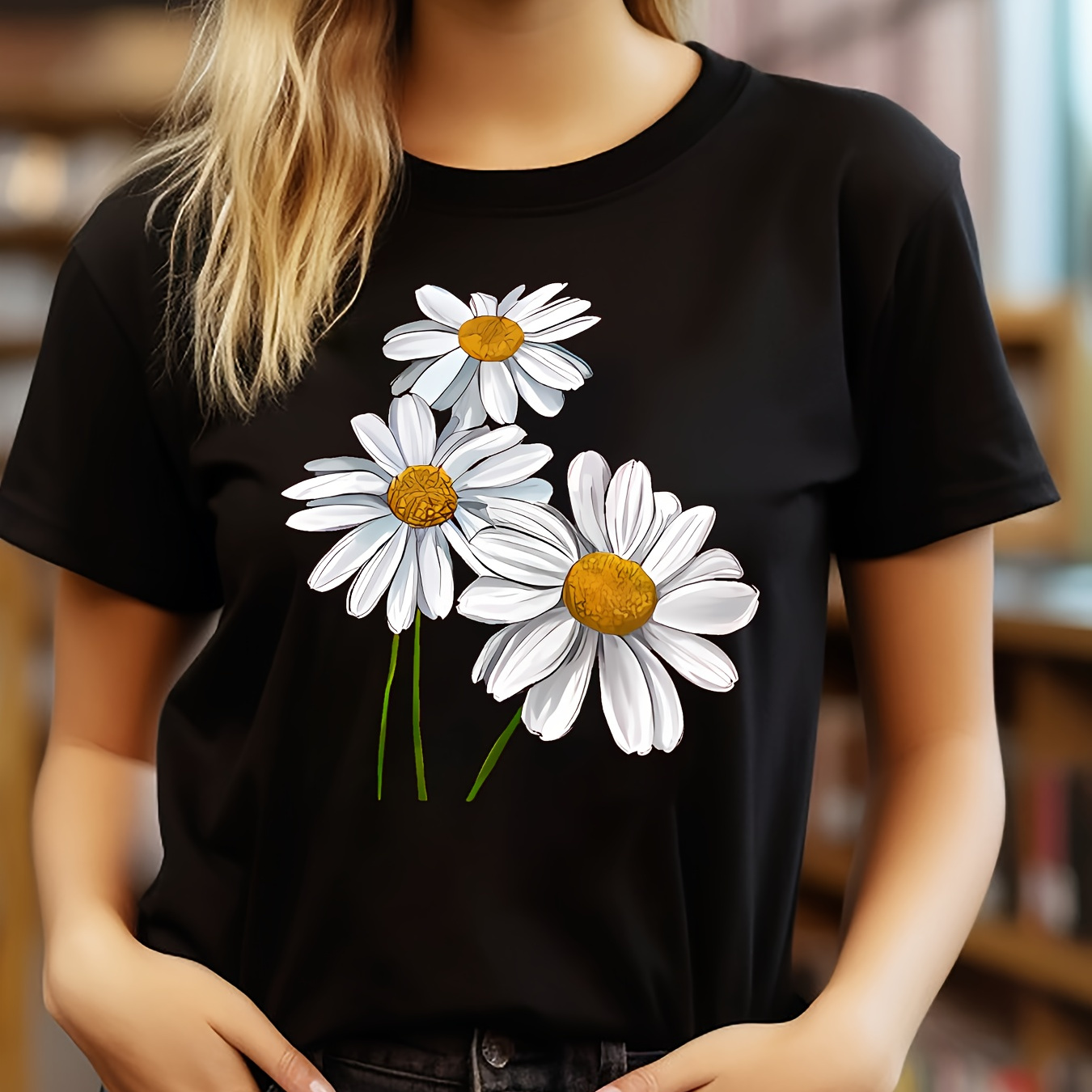 

Cute Daisy Floral Graphic Print T-shirt, Short Sleeve Crew Neck Casual Top For Summer & Spring, Women's Clothing
