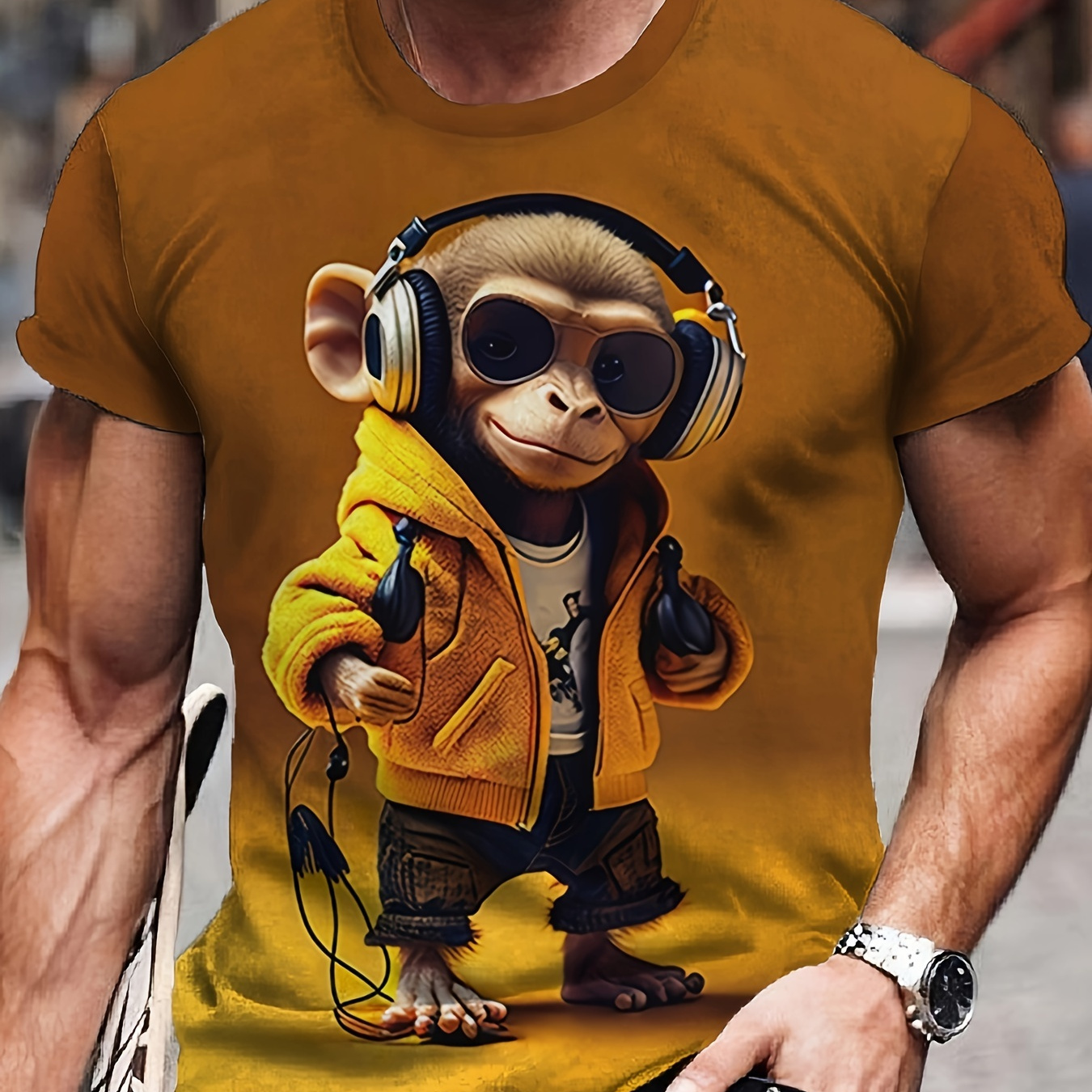 

3d Digital Animation Style Monkey With Hoodie And Headphone Pattern T-shirt With Crew Neck And Short Sleeve, Novel And Funny Tops For Men's Summer Street Wear